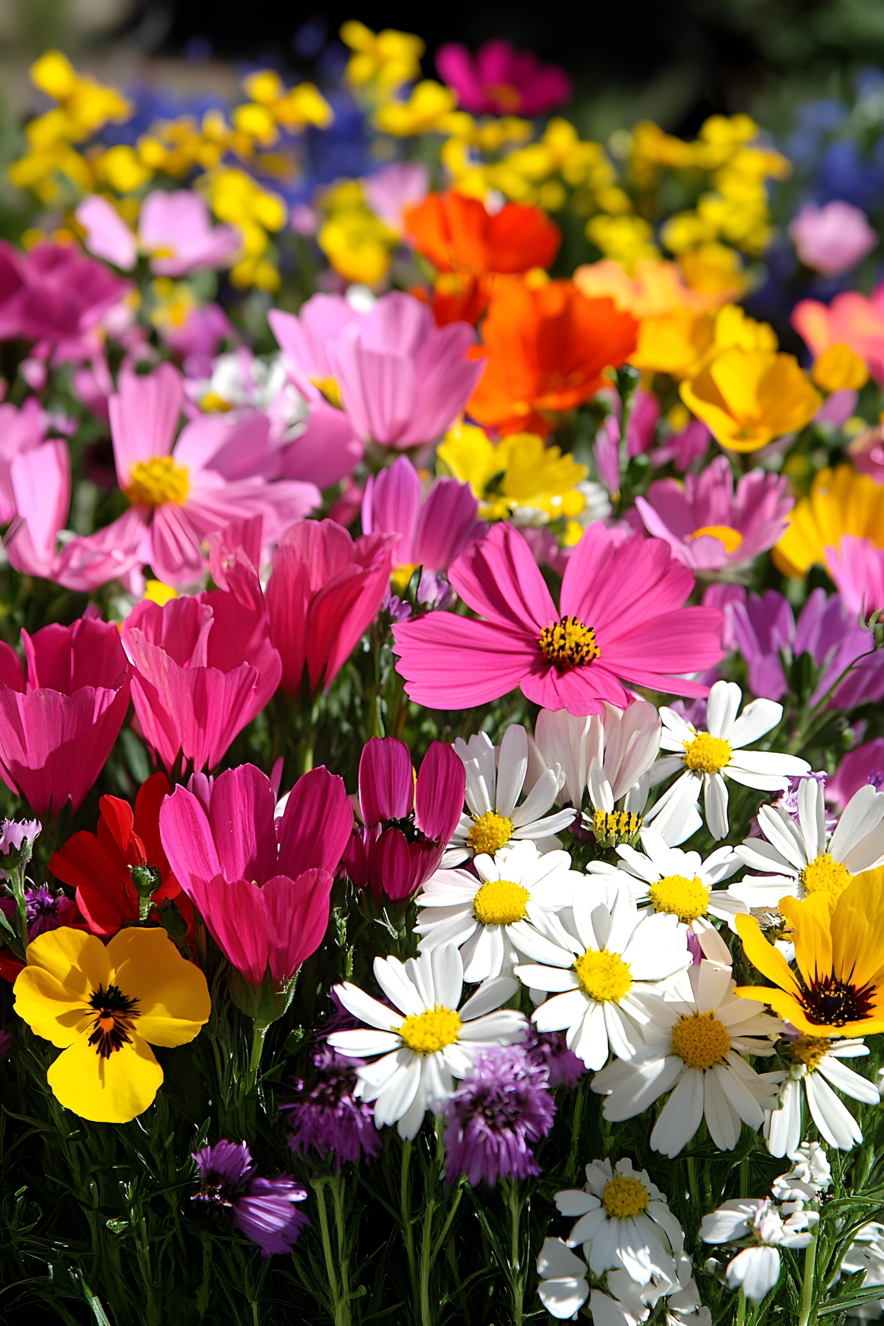 Flower, Petal, Yellow, Green, Plants, Pink, Spring, Flowering plant, Purple, Garden, Wildflower, Herbaceous plant, Pollen, Daisy family, Plant stem, Marguerite daisy, Pedicel, Perennial plant, Forb, Garden Cosmos