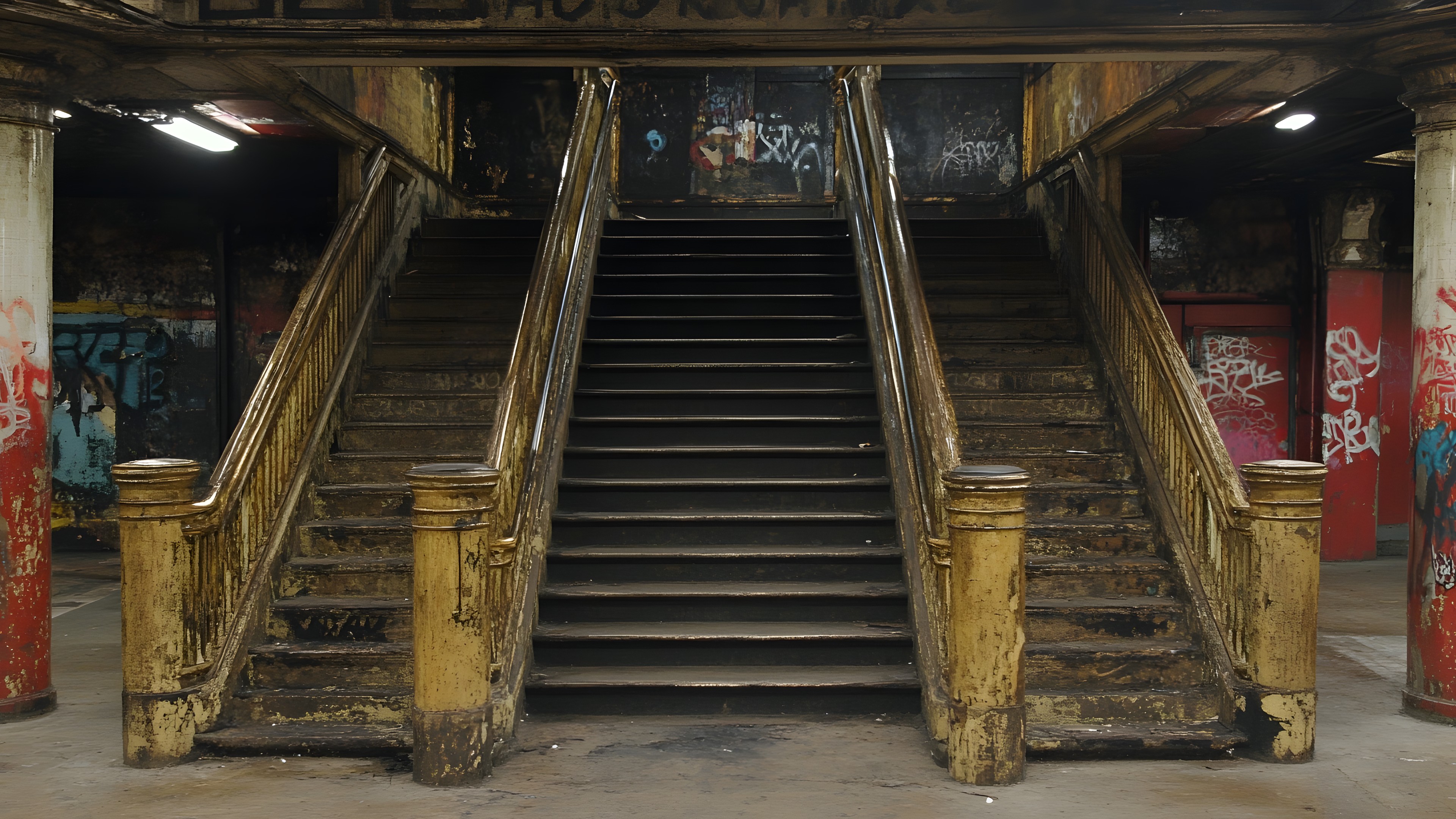 Stairs, Column, Paint, Steel, Basement, Handrail, Graffiti