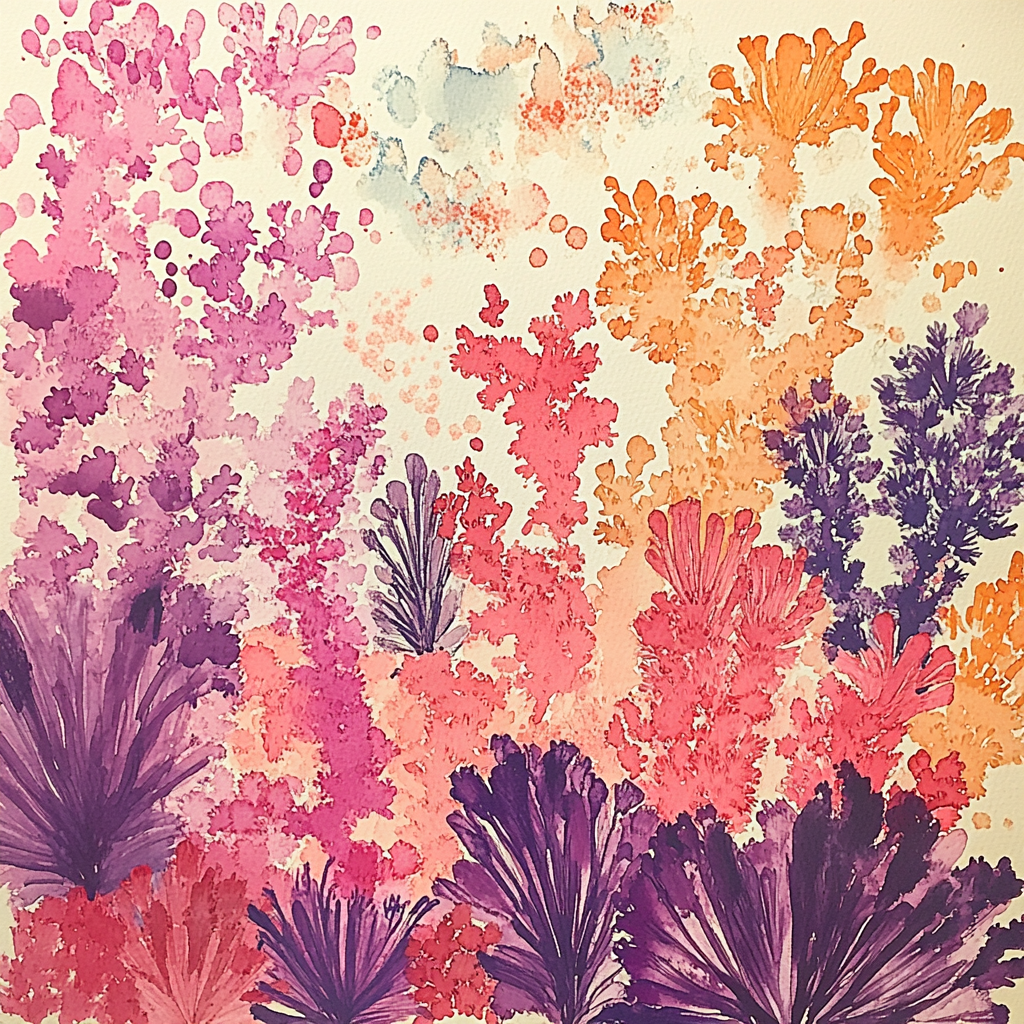 Pink, Orange, Purple, Floral design, Creative arts, Watercolor painting, Paint, Modern art, Acrylic paint, Art Paint