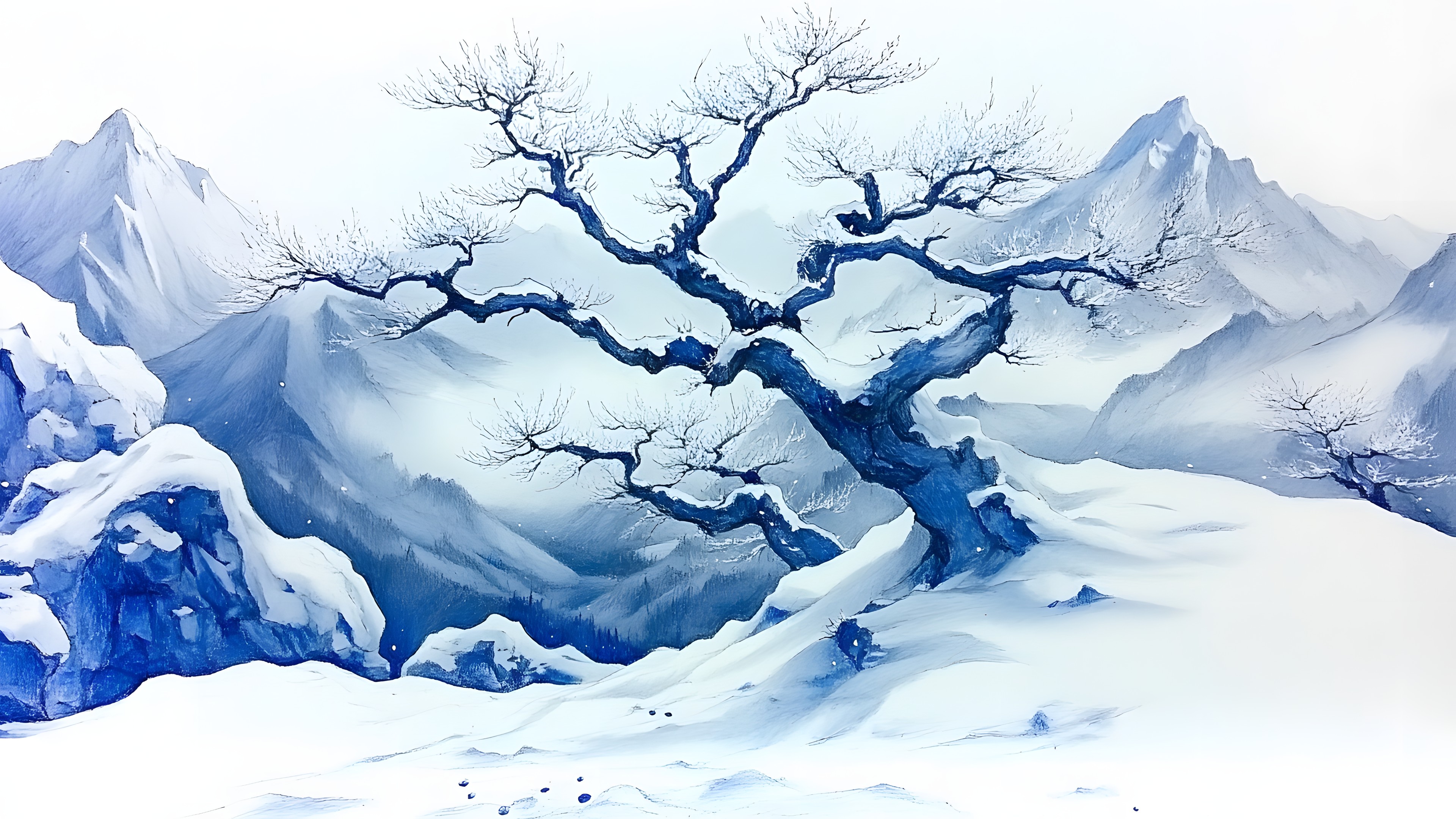 Blue, Winter, Snow, Freezing, Frost, Glacial landform, Ice, Glacier, Precipitation, Ice cap, Watercolor painting, Alps, Arctic