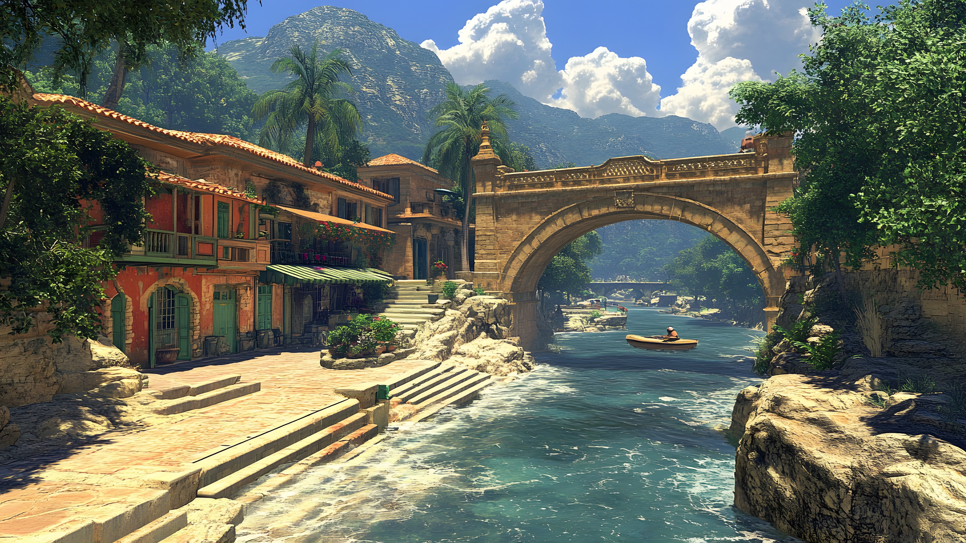 Tourist attraction, River, Bridge, Fluvial landforms of streams, Valley, Palm trees, Mountain river, Vacation, Arch bridge, Stream, Mountain Village, PC game