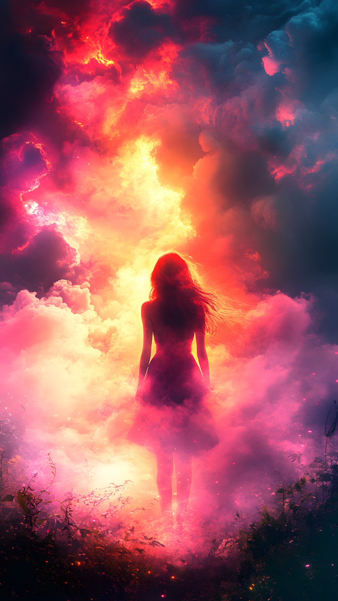 Red, Cloud, Orange, People in nature, Meteorological phenomenon, Fictional character, Wind, CG artwork, Lens flare, Astronomical object, Evening, Dusk, Red sky at morning, Backlighting, Sunrise, Red hair