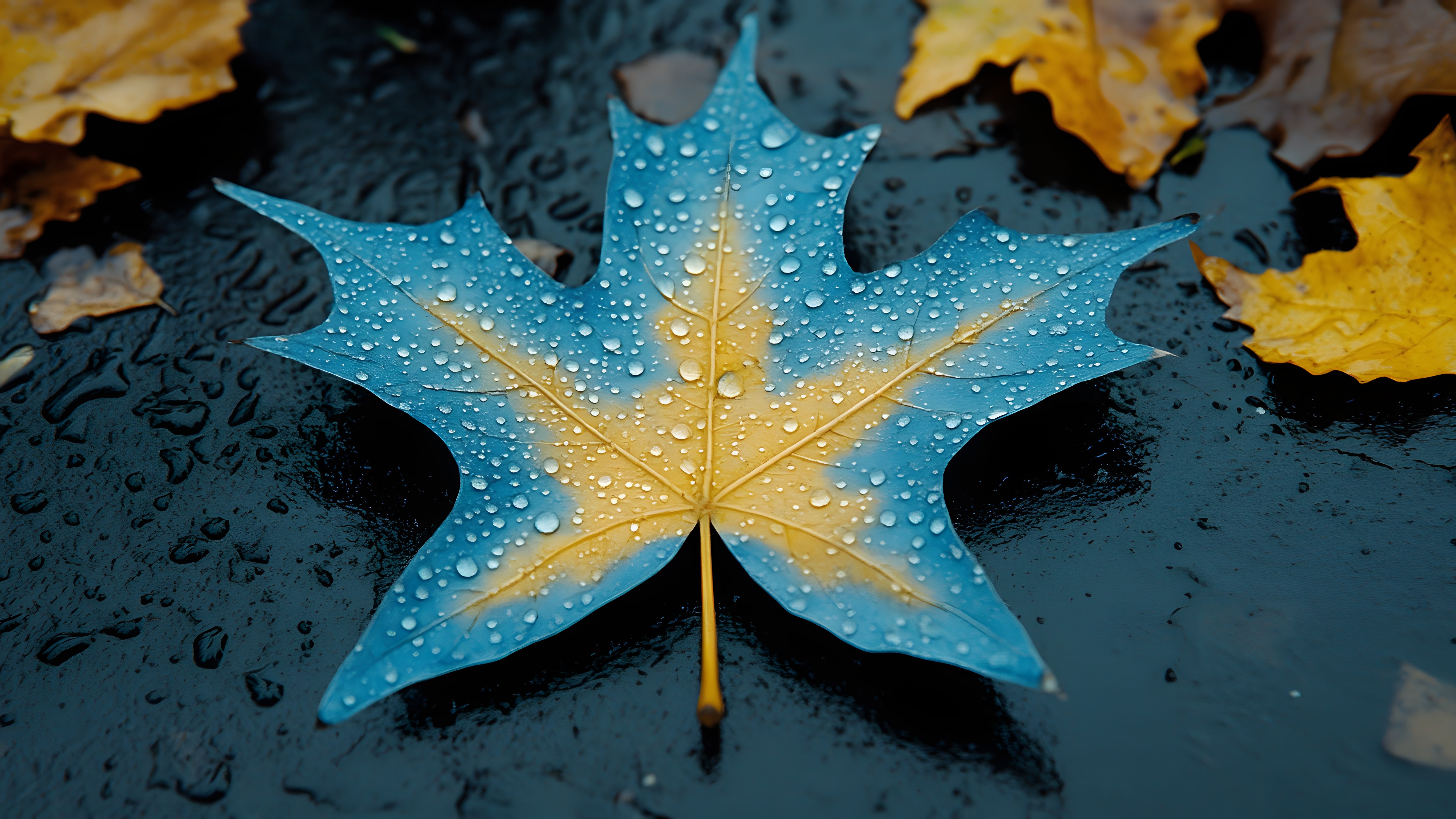 Water, Leaf, Liquid, Branch, Organism, Plant, Woody plant, Art, Deciduous, Twig, Tree, Tints and shades, Road surface, Electric blue, Pattern, Flowering plant, Symmetry, Close-up, Flooring, Reflection