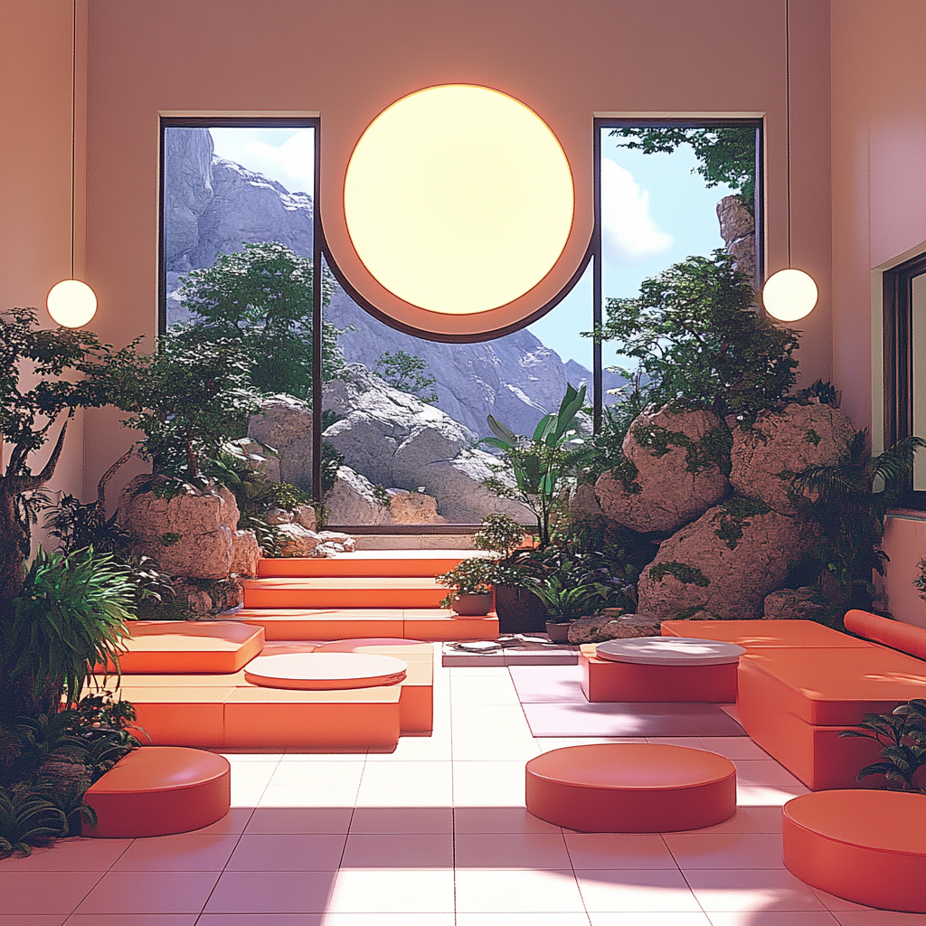 Interior design, Orange, Ceiling, Living room, Daybed, Light fixture, Houseplant, Natural material, Design, Shade, Decoration, Eco hotel, Flowerpot, Floral design, Couch, Coffee table, Lobby, Chandelier