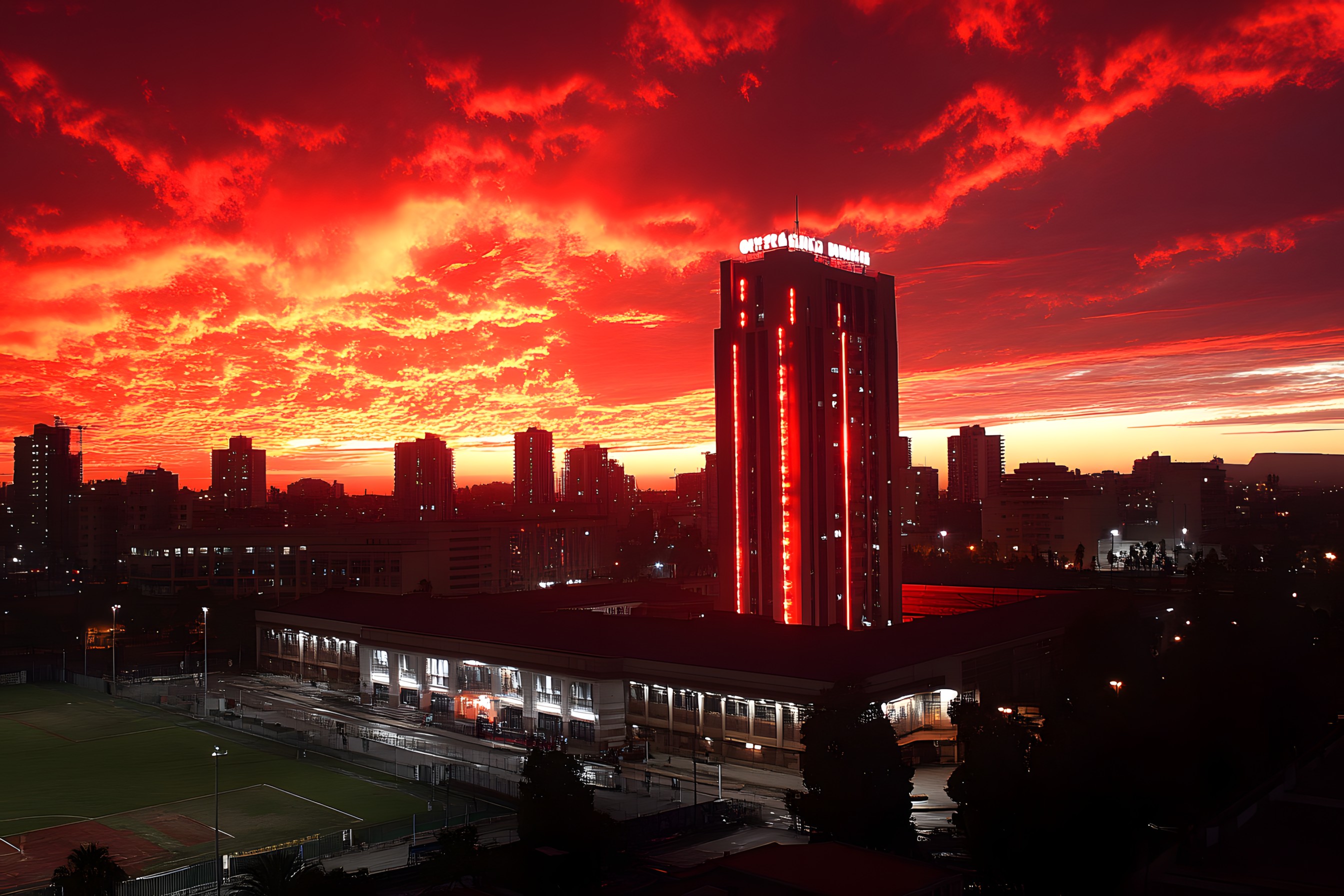 Urban area, City, Metropolitan area, Skyscraper, High-rise building, Tower, Landmark, Metropolis, Dusk, Commercial building, Night, Evening, Cityscape, Condominium, Mixed-use, Headquarters, Skyline, Midnight, Corporate headquarters, Red sky at morning