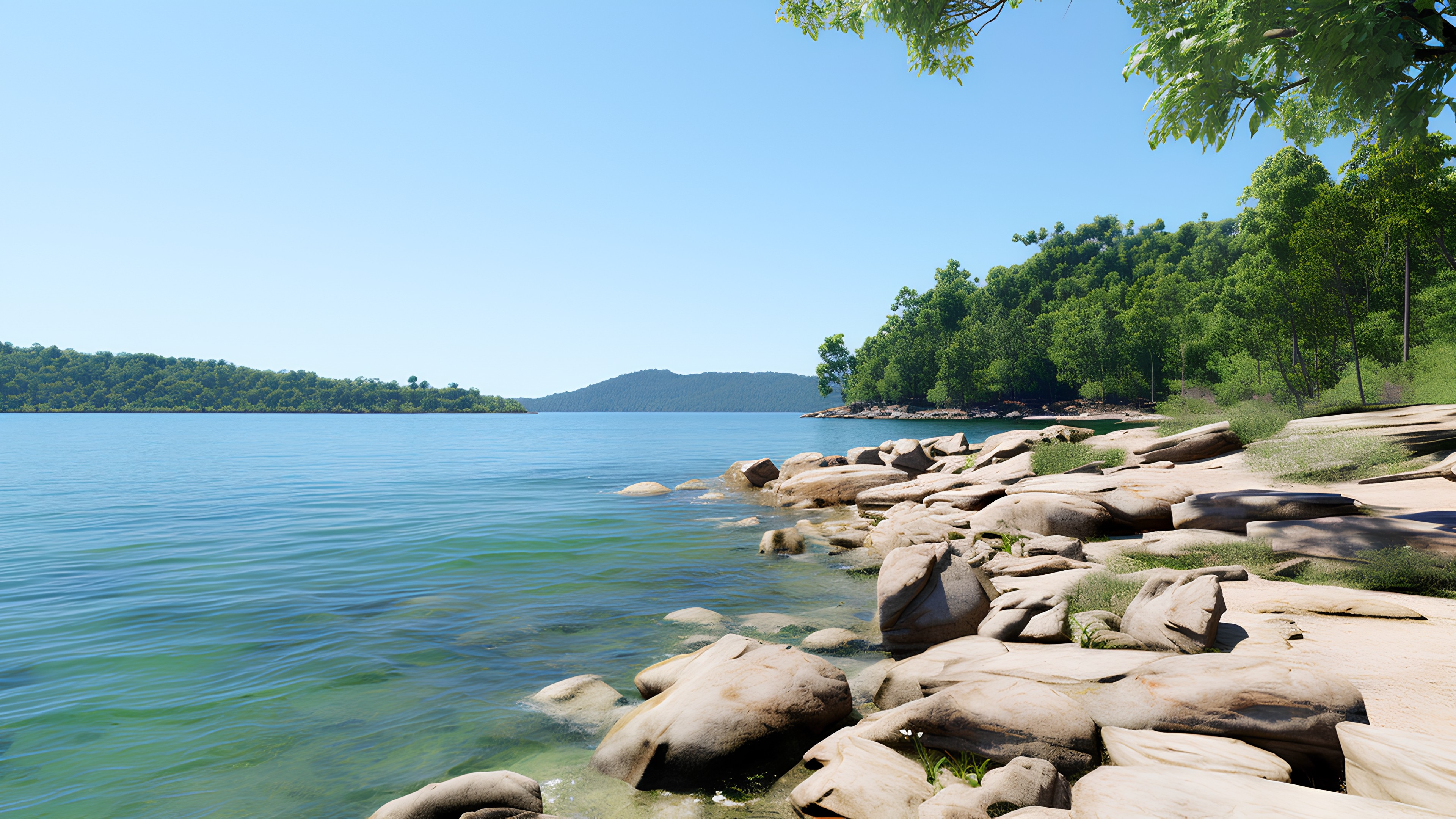 Water, Sky, Water resources, Natural landscape, Tree, Lake, Coastal and oceanic landforms, Watercourse, Wood, Bank, Beach, Plant, Landscape, Horizon, Shore, Headland, Island, Coast, Grass, Forest