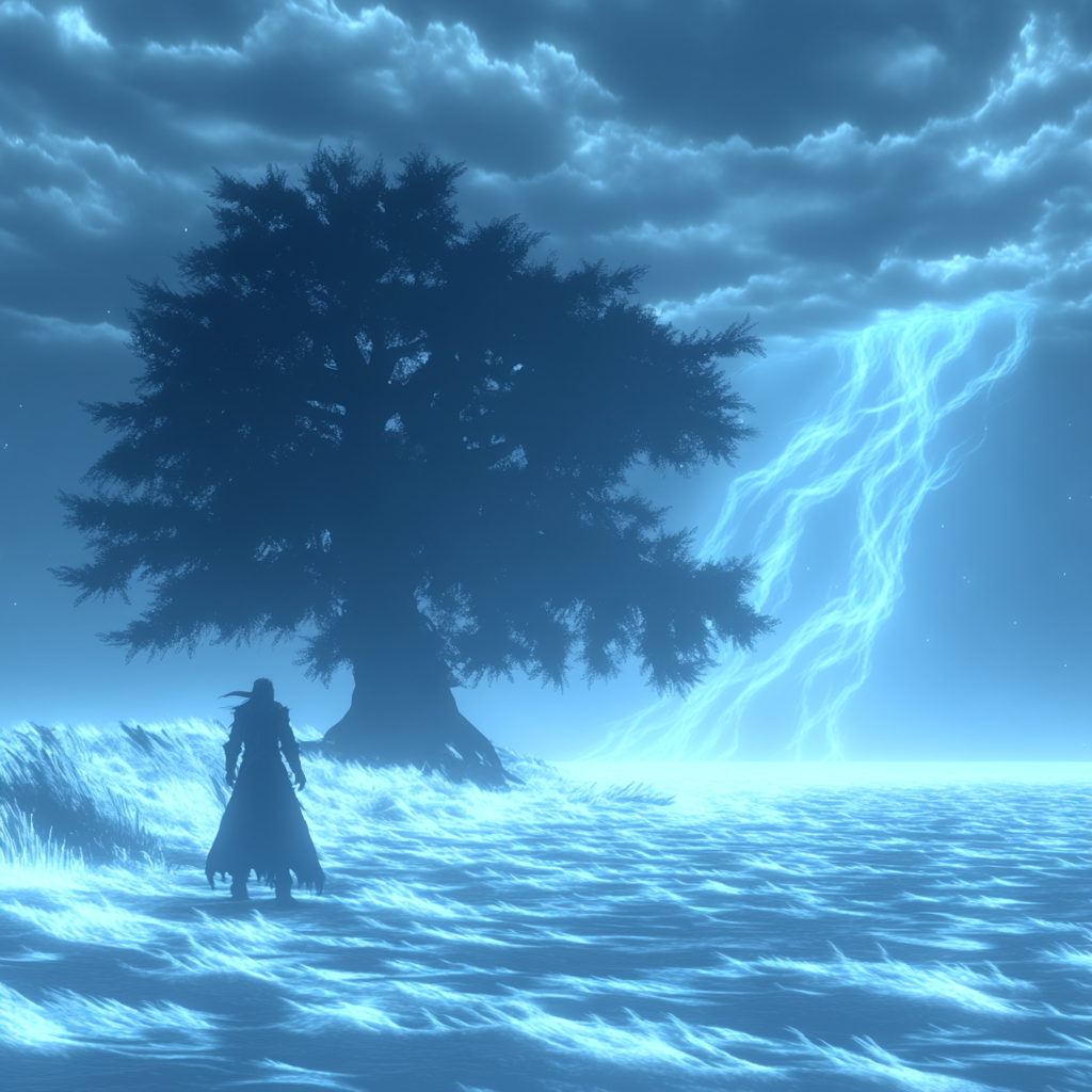 Lightning, Fictional character, Thunder, Meteorological phenomenon, Wind, Storm, Thunderstorm, CG artwork, Animation, Cumulus, Graphics, Moonlight, Night, Graphic design