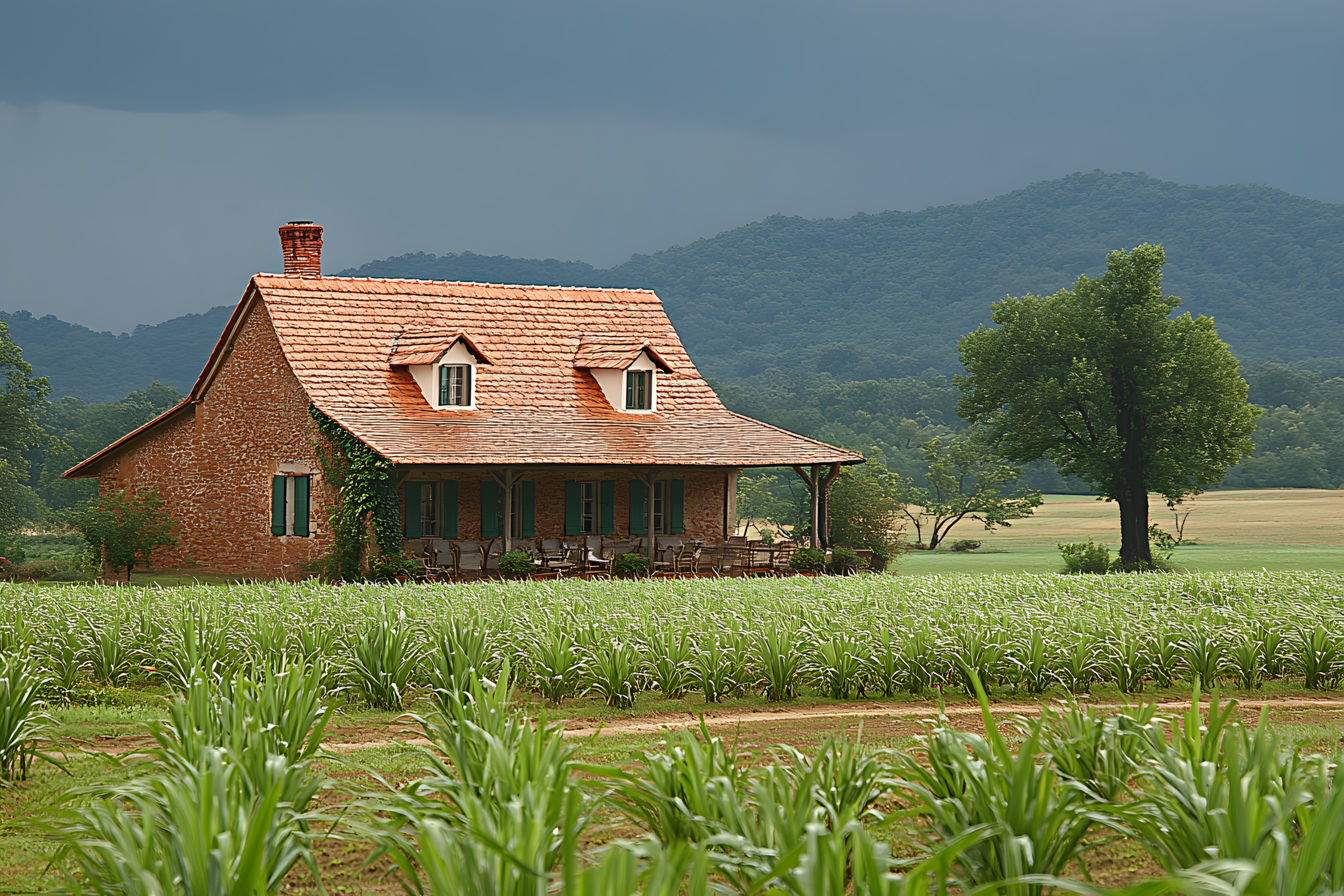 House, Plants, Roof, Home, Cottage, Rural area, Farmhouse, Land lot, Human settlement, Plantation, Estate, Village, Garden, Landscaping, Barn, Farm, Siding, Croft, Garden buildings, Agriculture