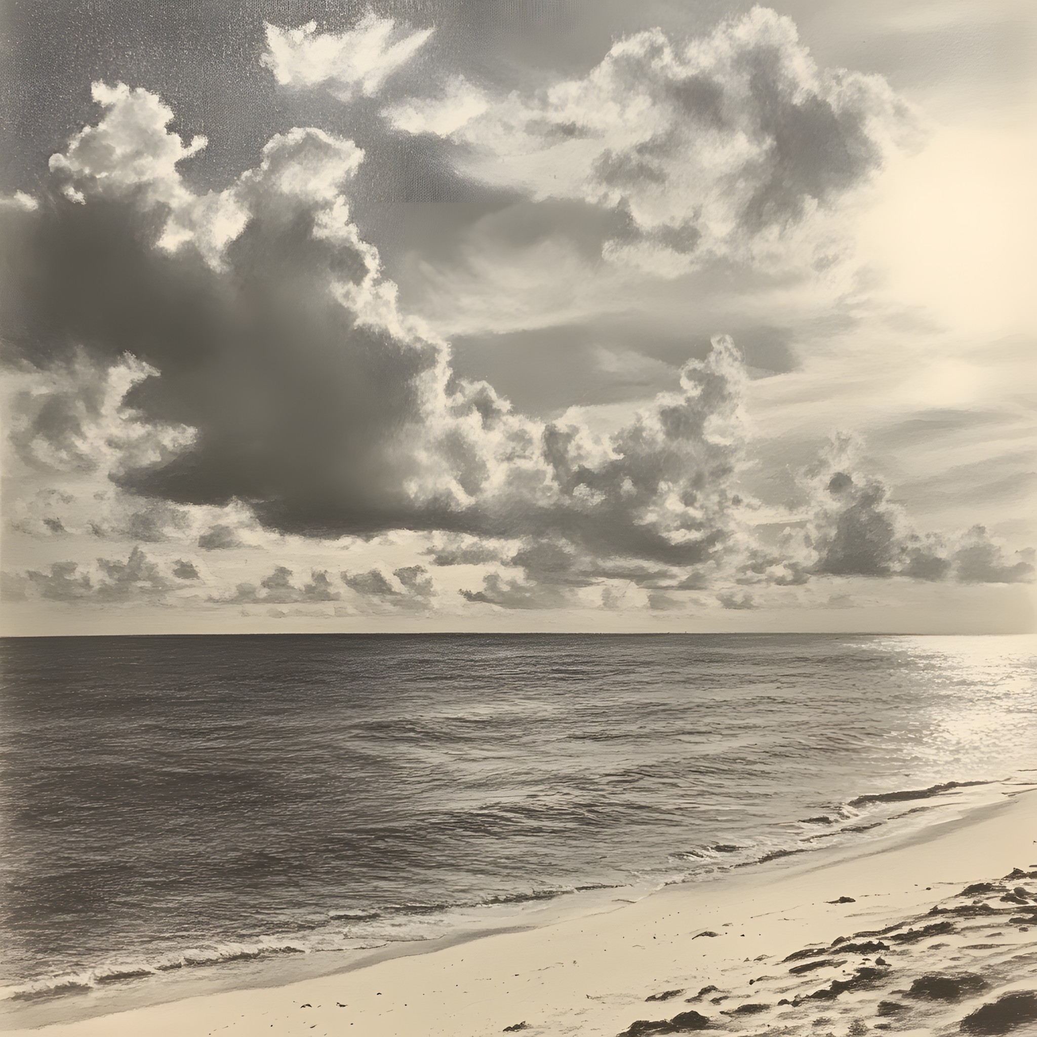 Cloud, Sky, Photograph, Body of water, Cumulus, Horizon, White, Beach, Fluid, Sea, Monochrome photography, Coast, Meteorological phenomenon, Shore, Liquid, Ocean, Coastal and oceanic landforms, Sand, Black and white, Monochrome