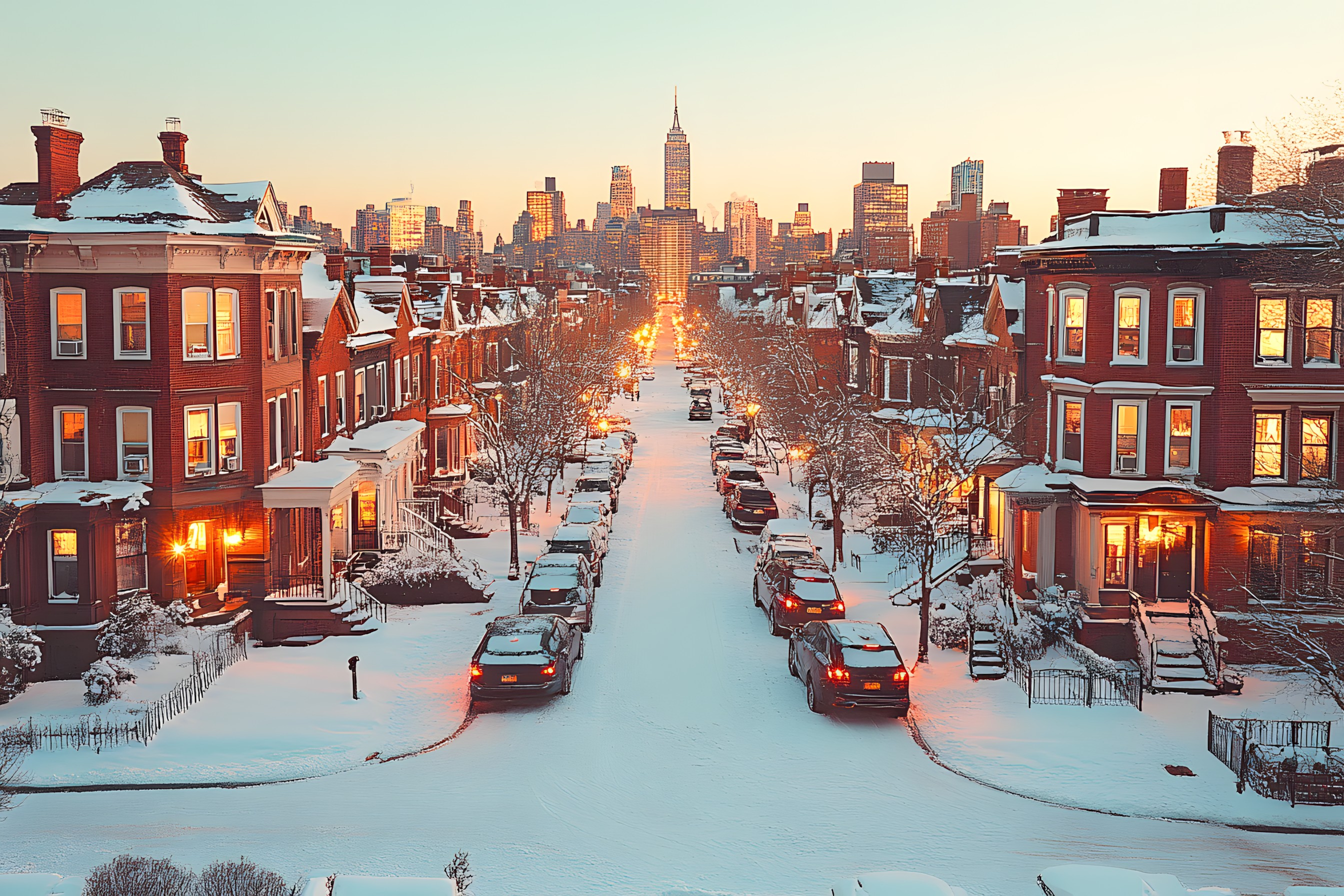 Urban area, City, Winter, Neighbourhood, Metropolitan area, Snow, Freezing, Metropolis, Tower, Mixed-use, Skyscraper, High-rise building, Skyline, Cityscape, Street light, Evening, Precipitation, Spire, City car