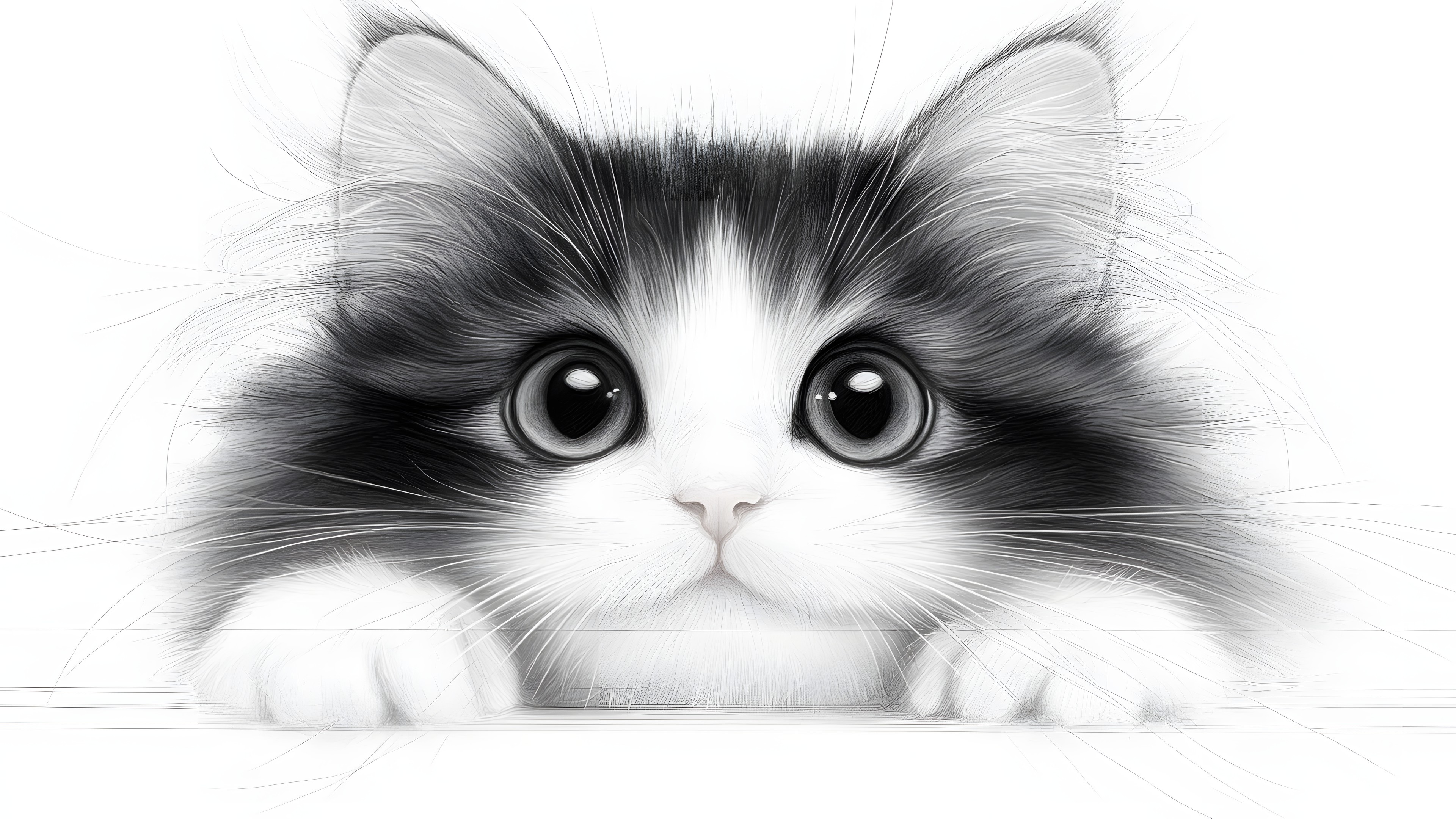 White, Cat, Vertebrate, Facial expression, Felidae, Snout, Felinae, Carnivores, Whiskers, Black and white, Fur, Kitten, Graphics, Line art, Animation