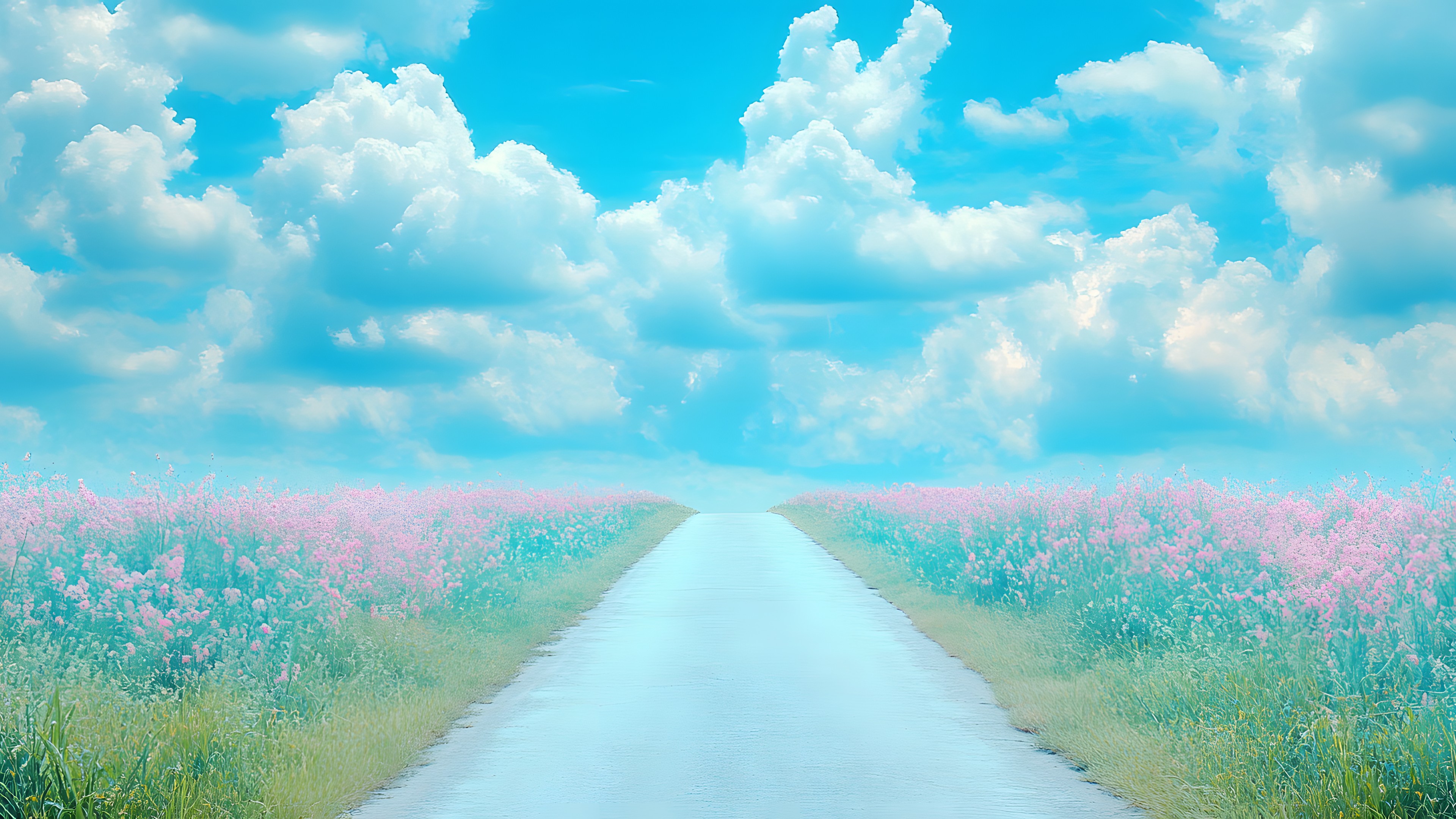 Plant, Cloud, Sky, Ecoregion, Natural landscape, Flower, Grass, People in nature, Morning, Cumulus, Horizon, Tree, Landscape, Grassland, Road, Art, Road surface, Electric blue, Flowering plant, Field