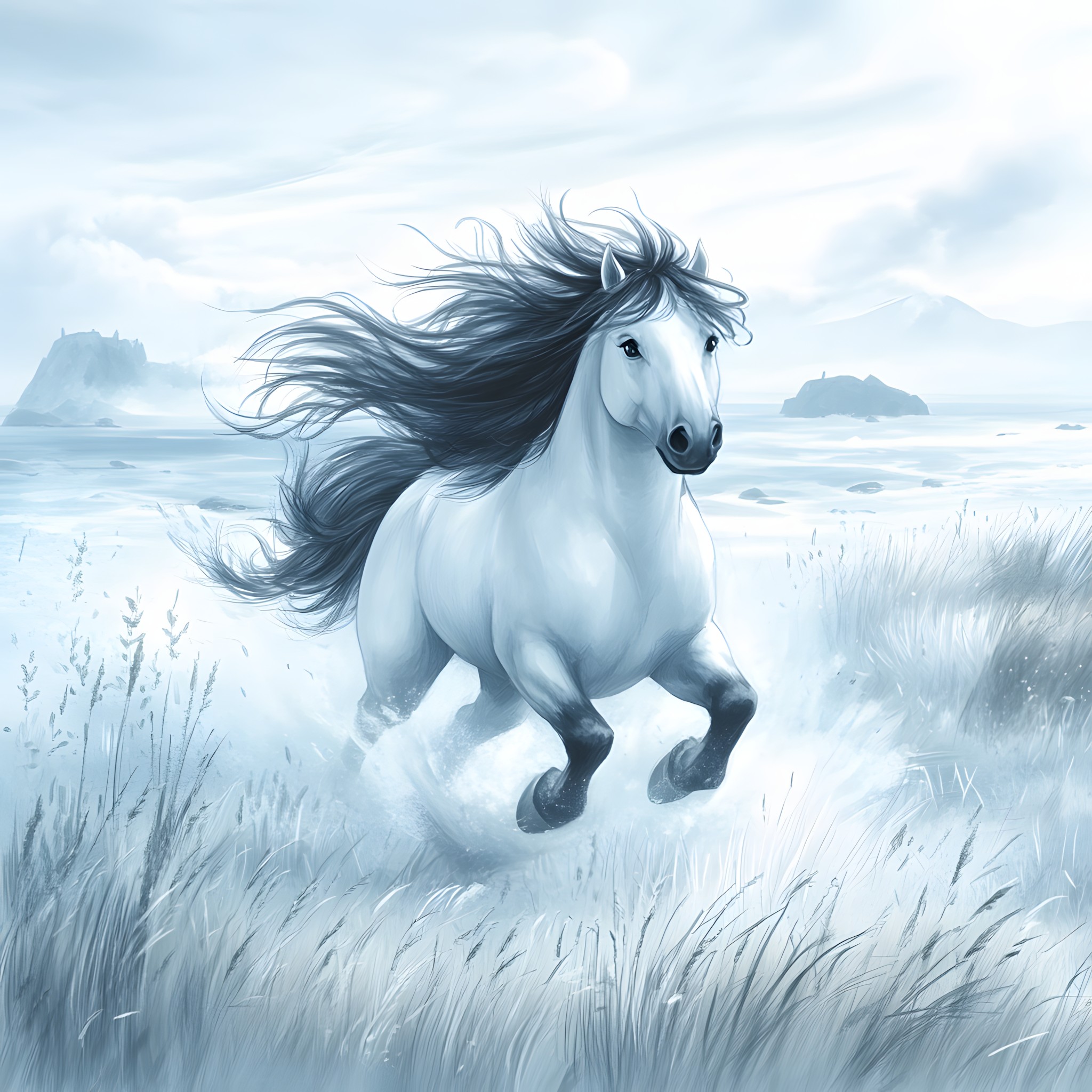 Horse, Mustang, Working animal, Stallion, Mane, Pony, Mare, Livestock, Pack animal, Wildlife, Wind, Animation, Mythical creature