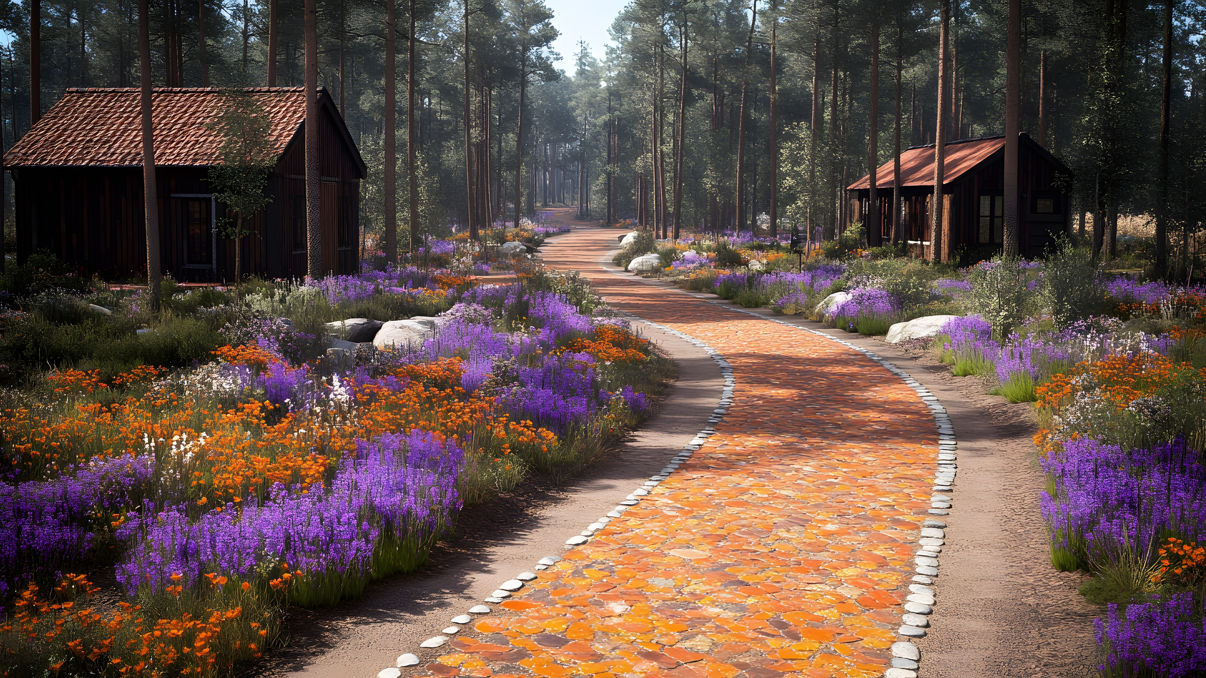 Flower, Shrub, Garden, Cottage, Flowering plant, Landscaping, Wildflower, Walkway, Botanical garden, Garden buildings, Log cabin, Perennial plant, Shed, Lupine, Catnips, Hut, Plantation, Larkspur