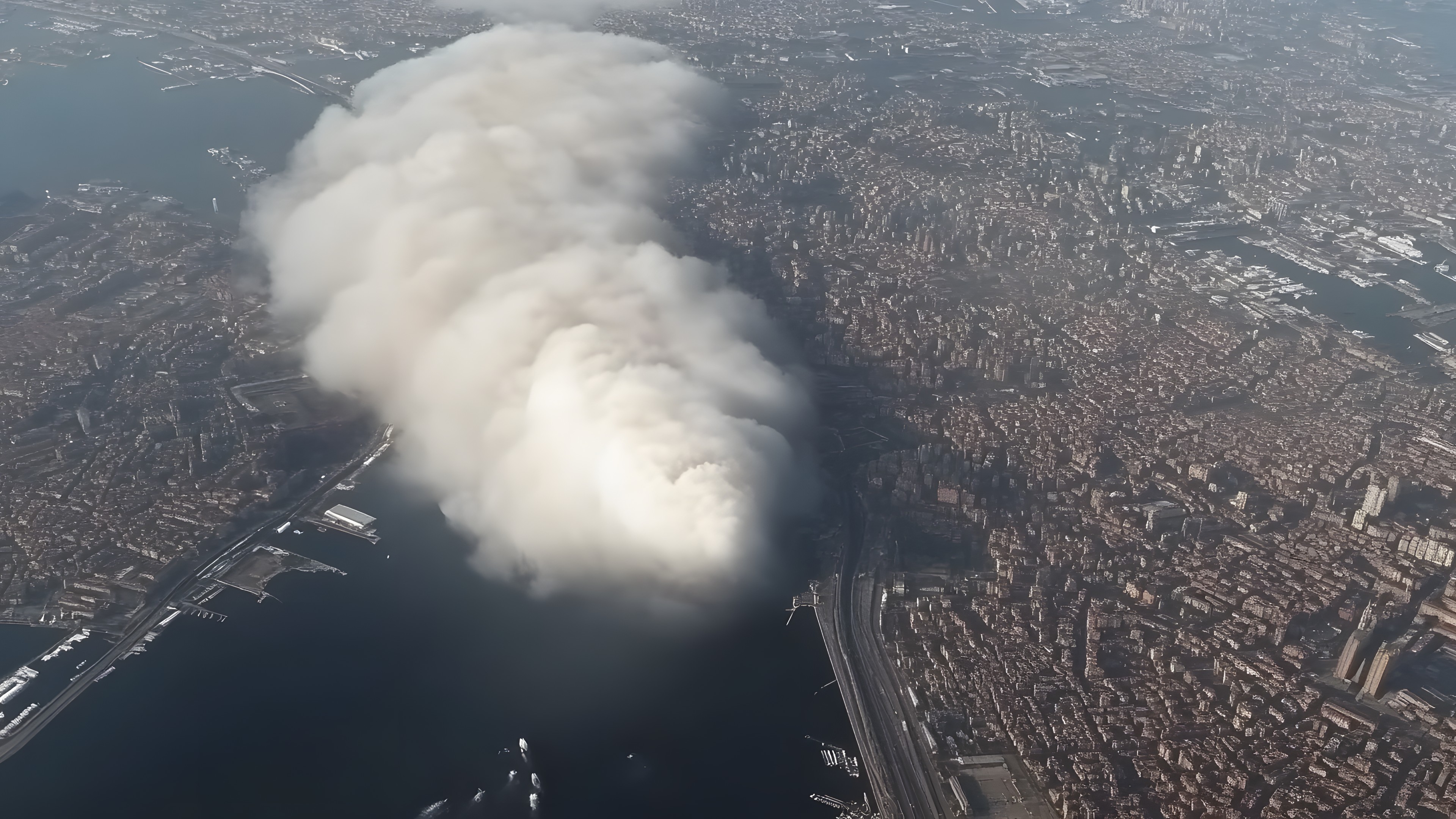 atmospheric phenomenon, geological phenomenon, Aerial photography, Bird's-eye view, Pollution, Smoke, Haze, High-rise building, Cityscape, Fog, Steam, Mist