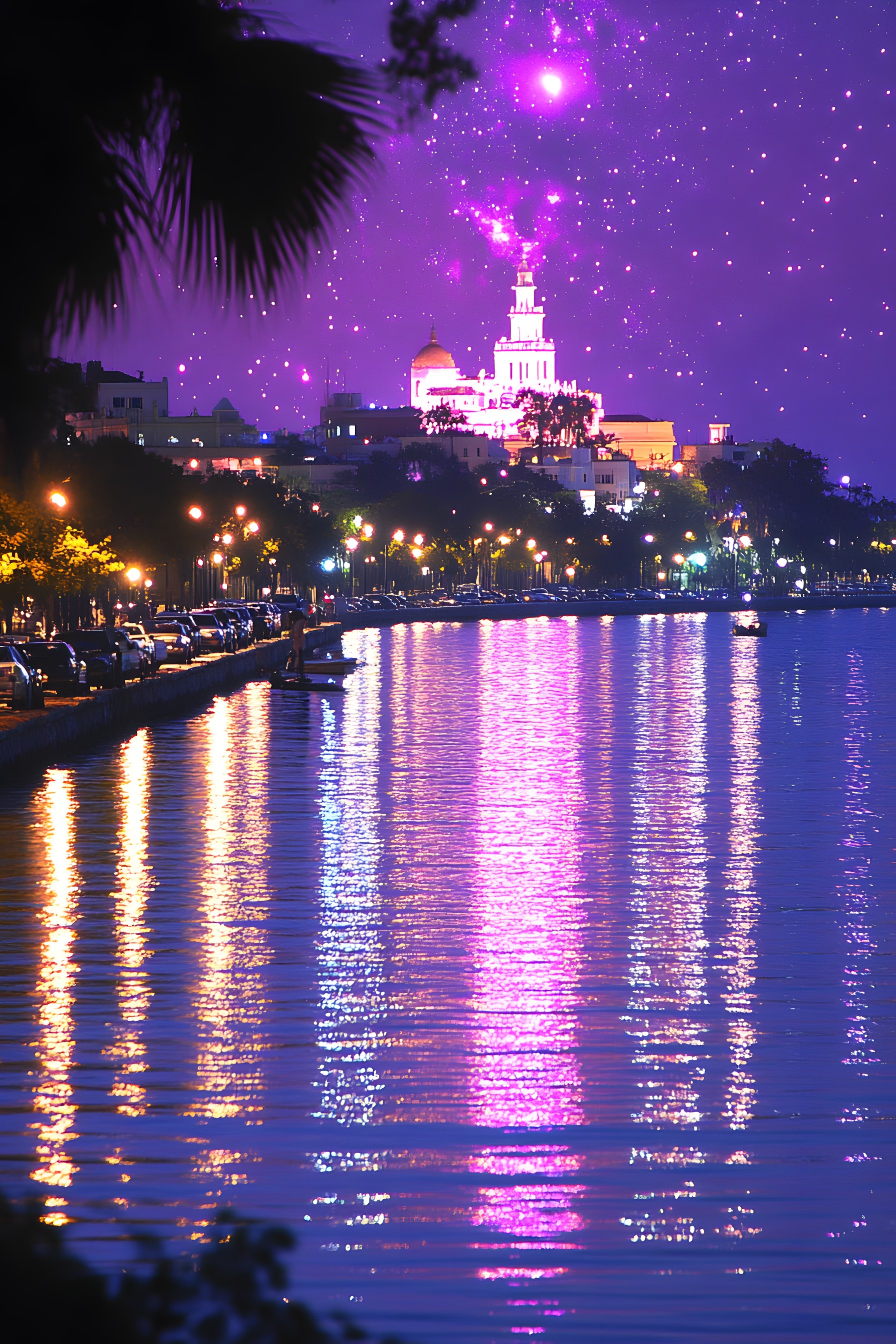 Water, Body of water, Water resources, Night, City, Waterway, Lighting, Reflection, Midnight, Lake, Tourist attraction, Tower, Electricity, Darkness, River, Evening, Skyline, Resort town, Dusk, Beach