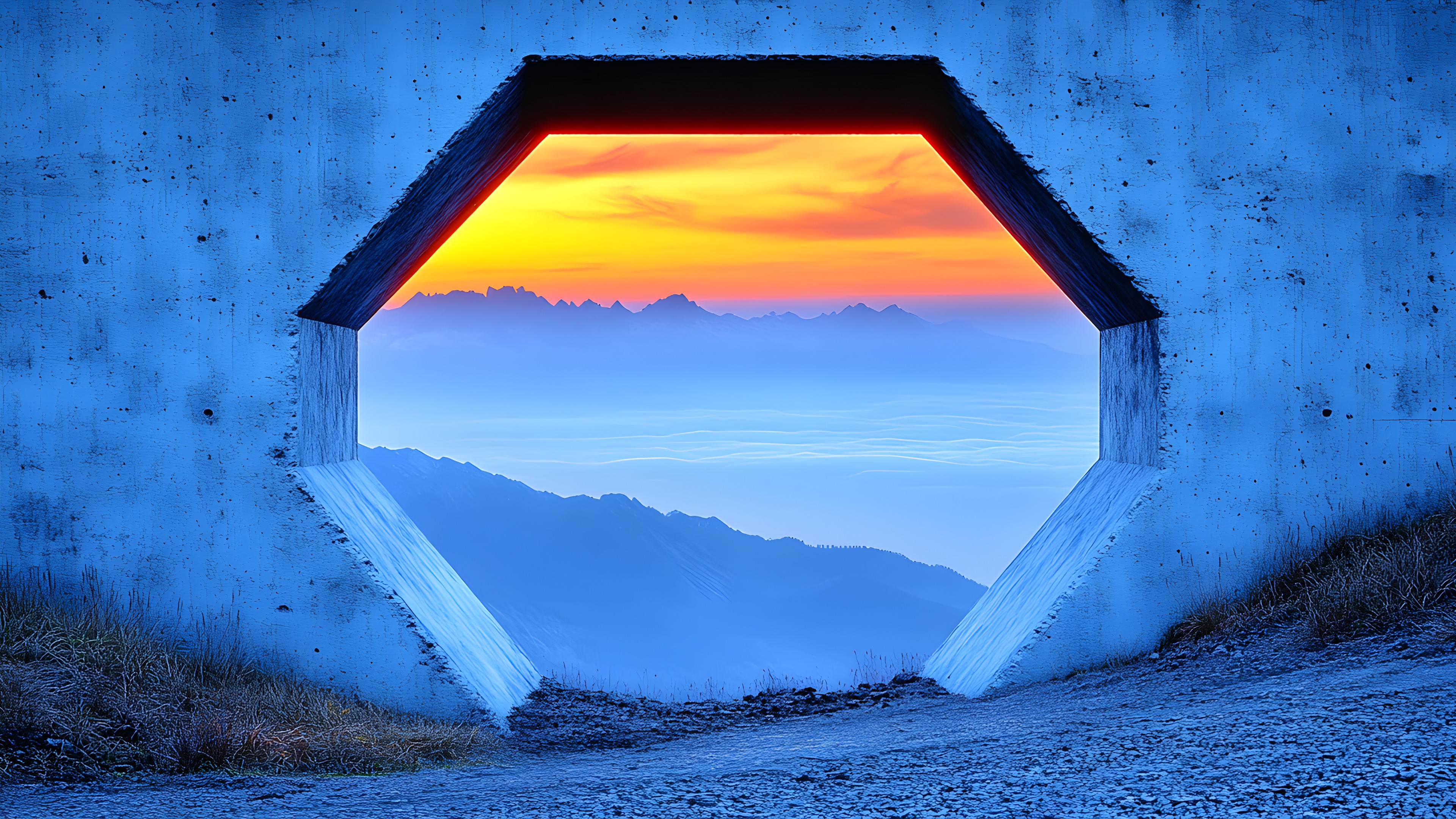 Blue, Sunlight, Mountain range, Sunrise, Ridge, Lens flare, Evening, Dusk, Dawn