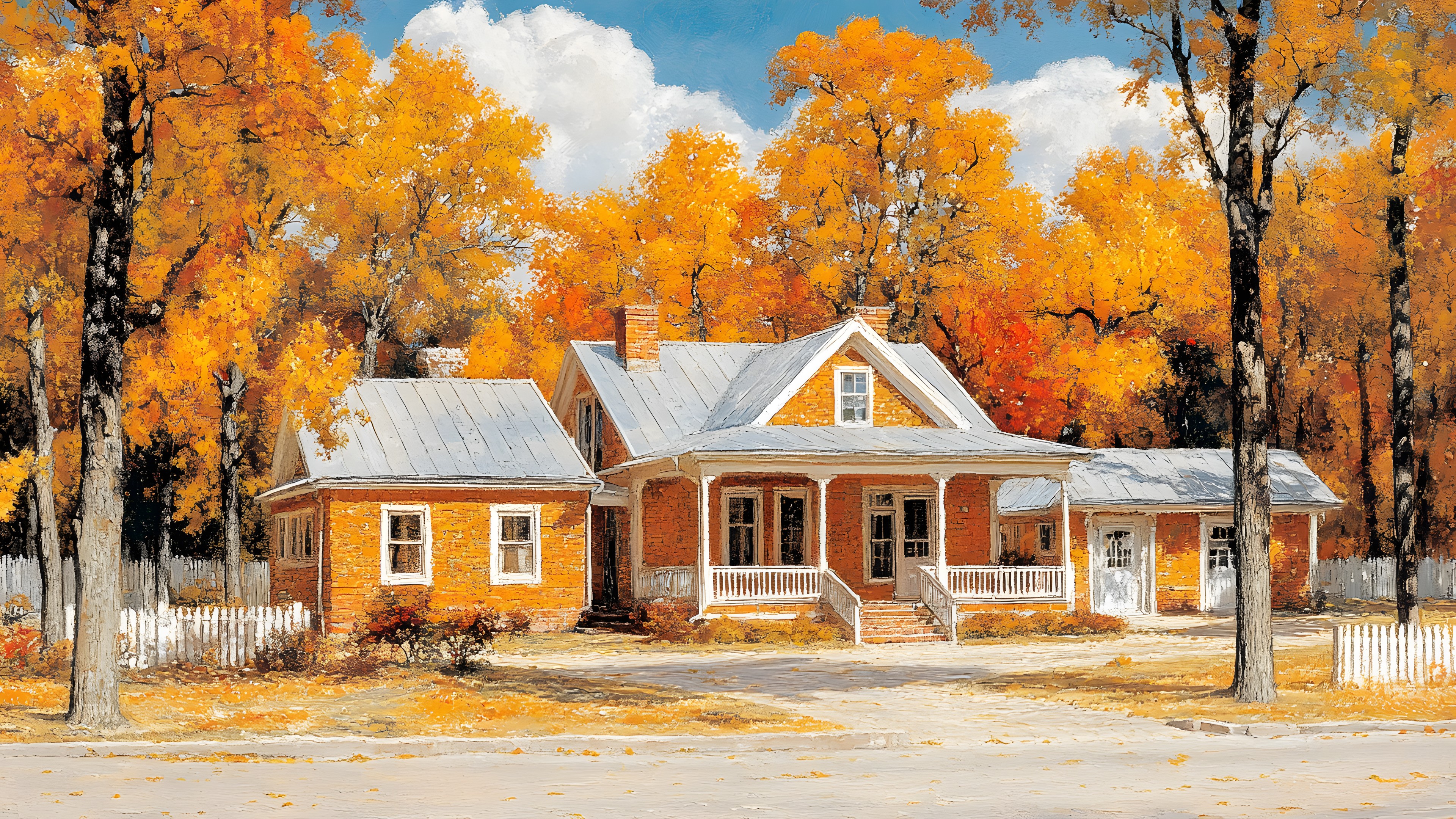 Orange, Home, Cottage, Woody plant, Watercolor painting, Autumn, Paint, Art Paint, Farmhouse, Woodland, Winter, Acrylic paint, Modern art
