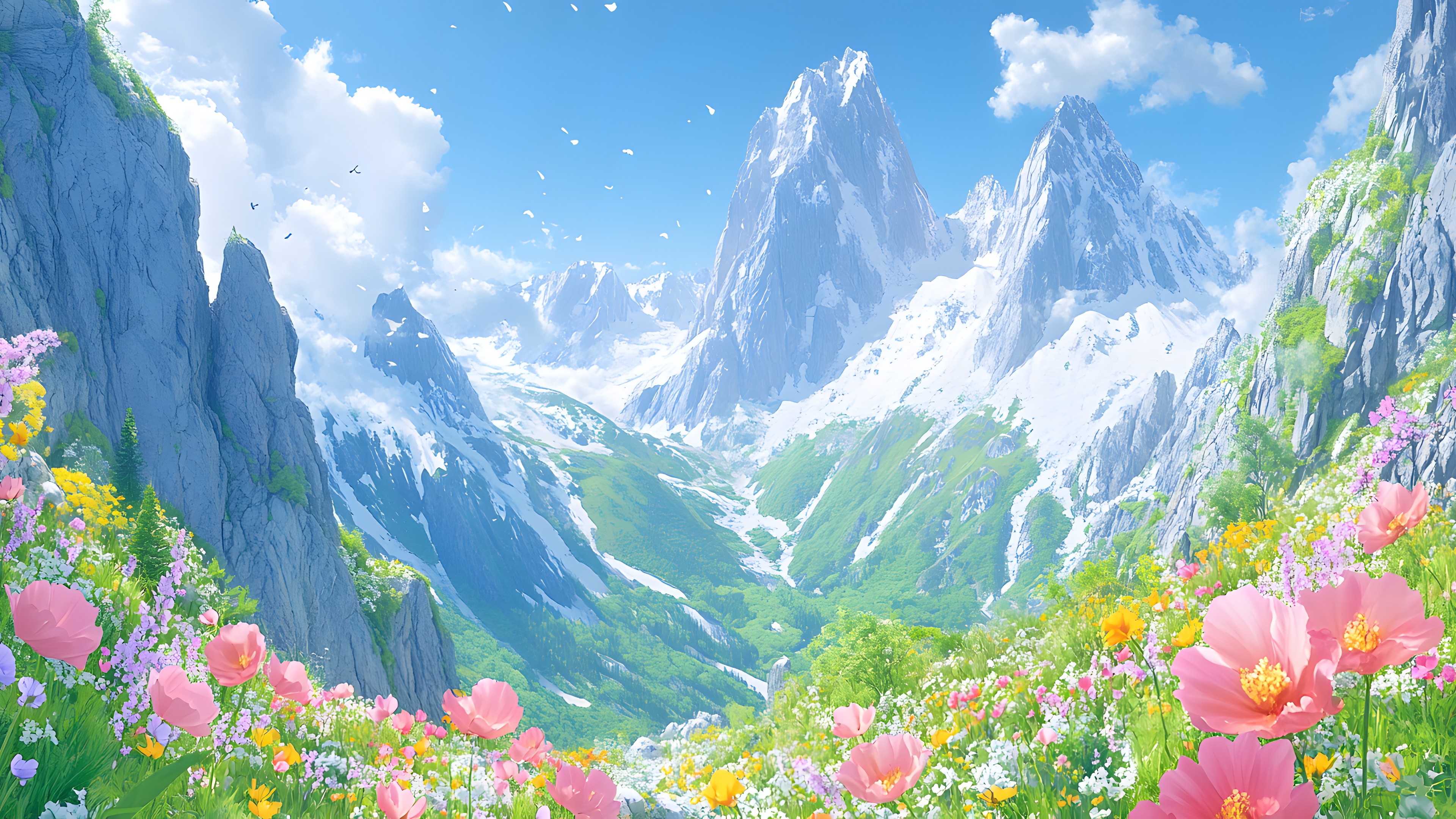 Mountainous landforms, Mountain, Natural landscape, Mountain range, Hill, Valley, Hill station, Alps, Ridge, Glacial landform, Wildflower, Meadow, Summit, Glacier, Massif, Mount Scenery, Watercolor painting, Evergreen, Acrylic paint