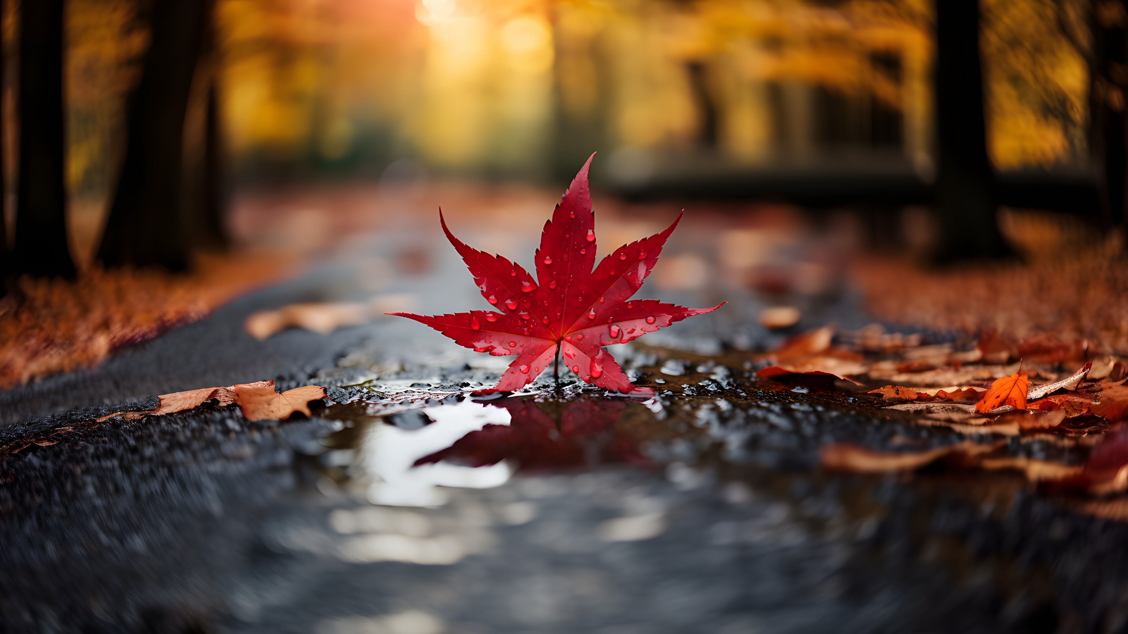 Water, Road surface, Sky, Natural landscape, Branch, Wood, Asphalt, Orange, Plant, Sunlight, Petal, Grass, Deciduous, Twig, Woody plant, Landscape, Tints and shades, Tree, Road, Flower