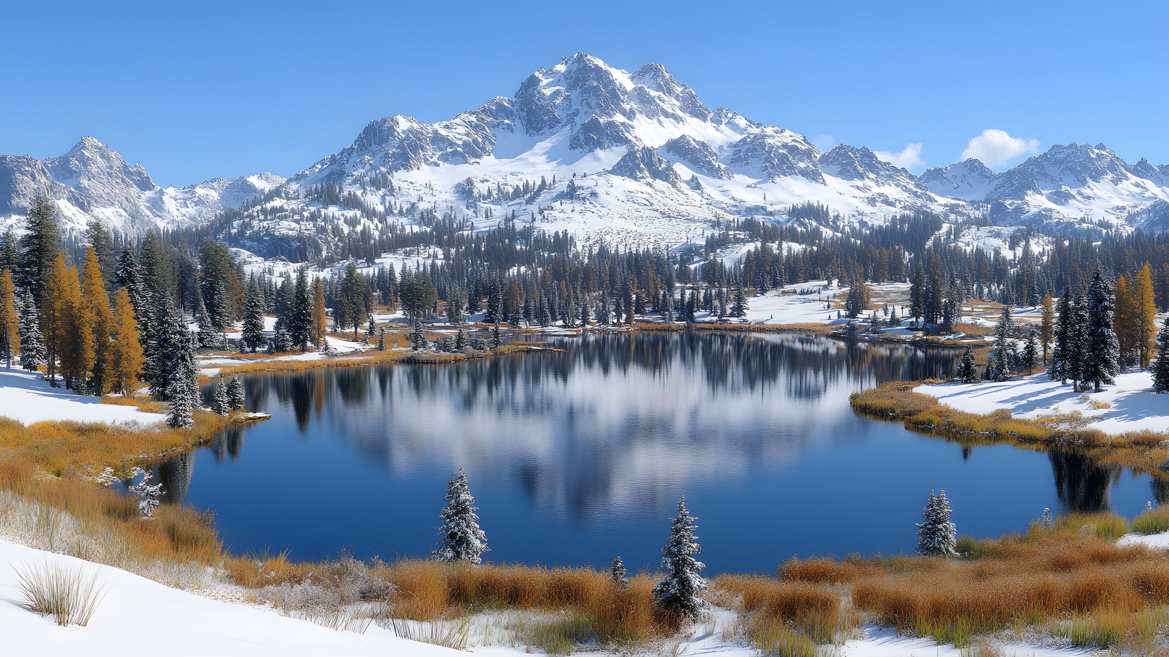 Water, Sky, Mountain, Snow, Plant, Natural landscape, Azure, Nature, Natural environment, Larch, Body of water, Tree, Lake, Biome, Freezing, Landscape, Morning, Bank, Woody plant, Glacial landform