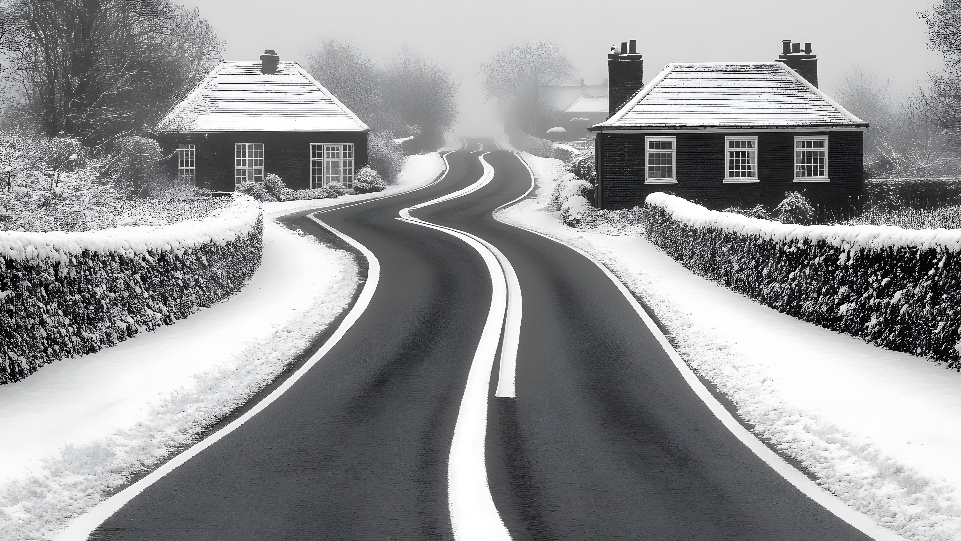 Monochrome photography, Road, Monochrome, Black and white, Winter, Snow, Tar, Frost, Freezing