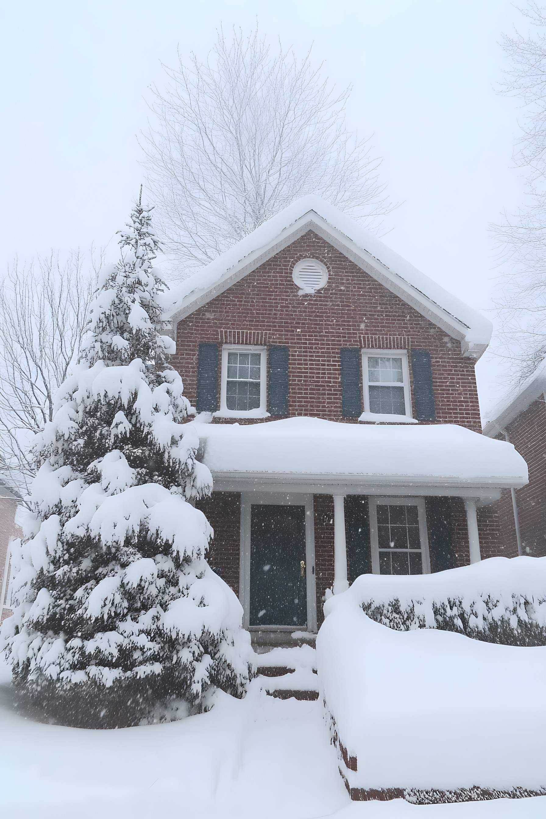 Snow, Winter, Branch, House, Home, Residential area, Cottage, Roof, Freezing, Siding, Winter storm, Precipitation, Twig, Slope, Blizzard, Yard, Frost, Daylighting, Conifers, Evergreen