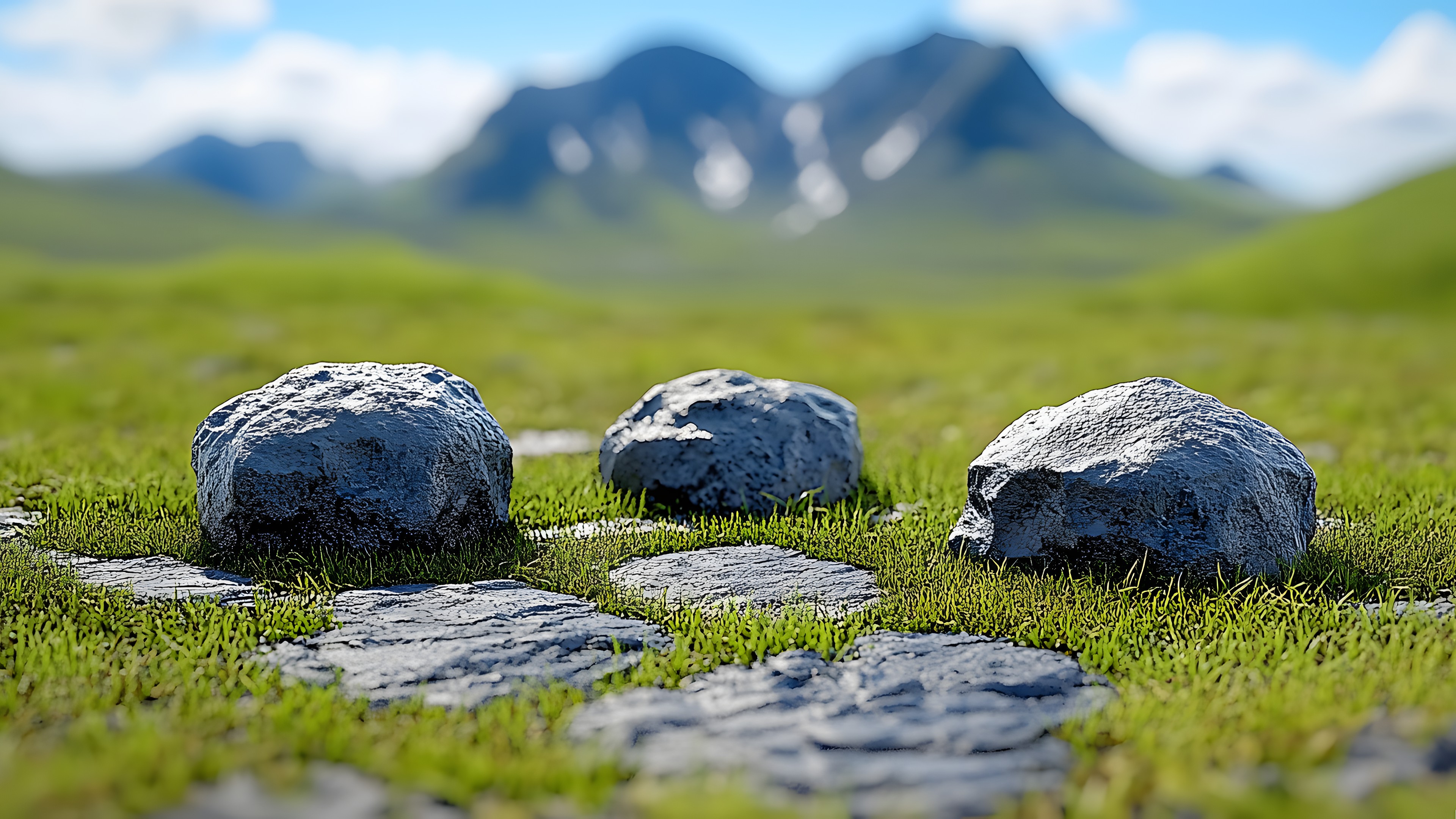 Grass, Green, Rock, Natural landscape, Grassland, Cloud, Groundcover, Meadow, Boulder, Pasture, Prairie, Moss, Steppe, Bedrock, Outcrop, Fell, Tundra, Cumulus, Bryophyte, Antarctic flora