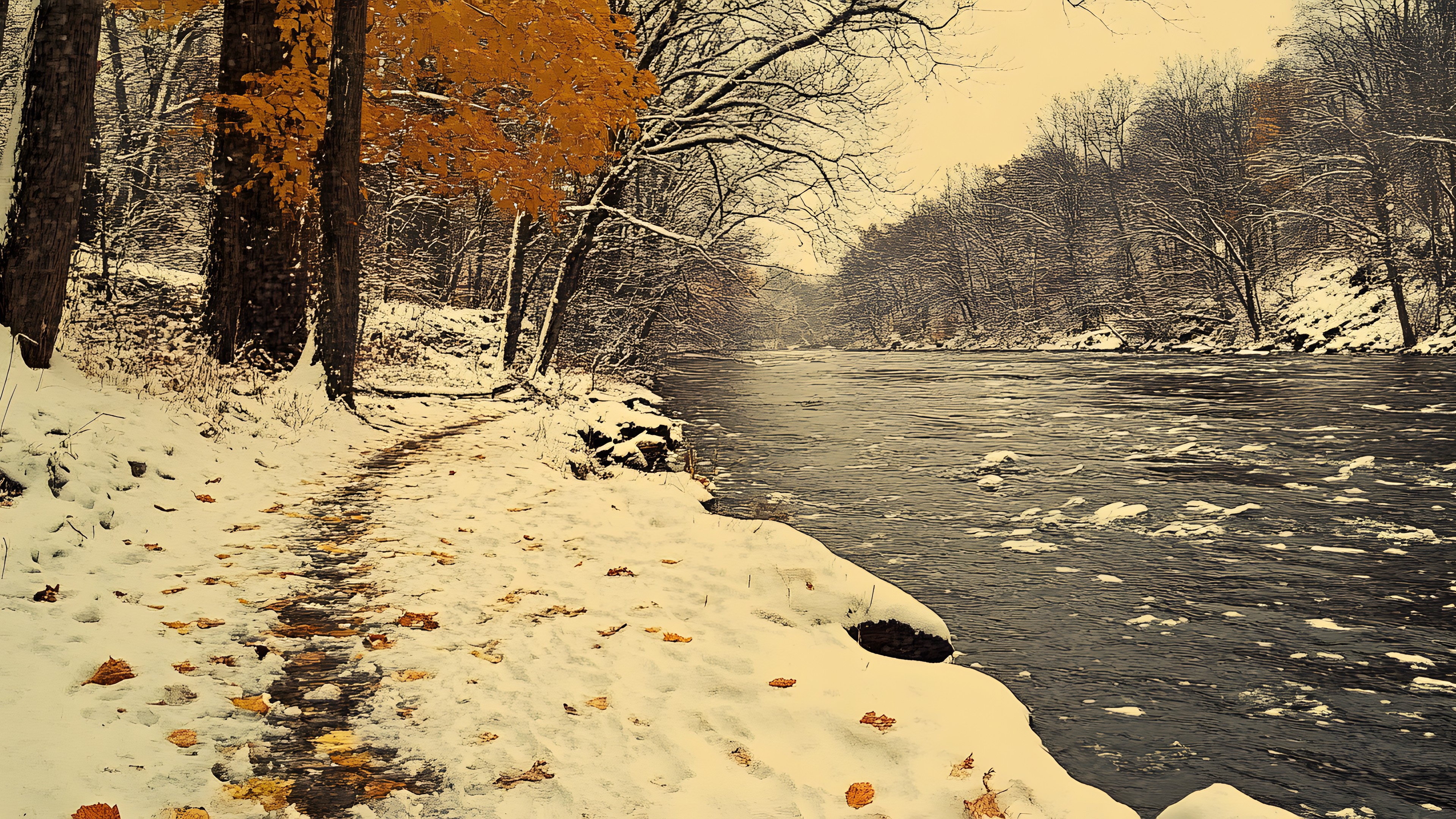 Branch, Winter, Snow, Stream, Landscape, Twig, Trunk, Freezing, Fluvial landforms of streams, River, Morning, Forest, Woodland, Creek, Reflection, Riparian zone, Frost, Ice, Northern hardwood forest, Riparian forest