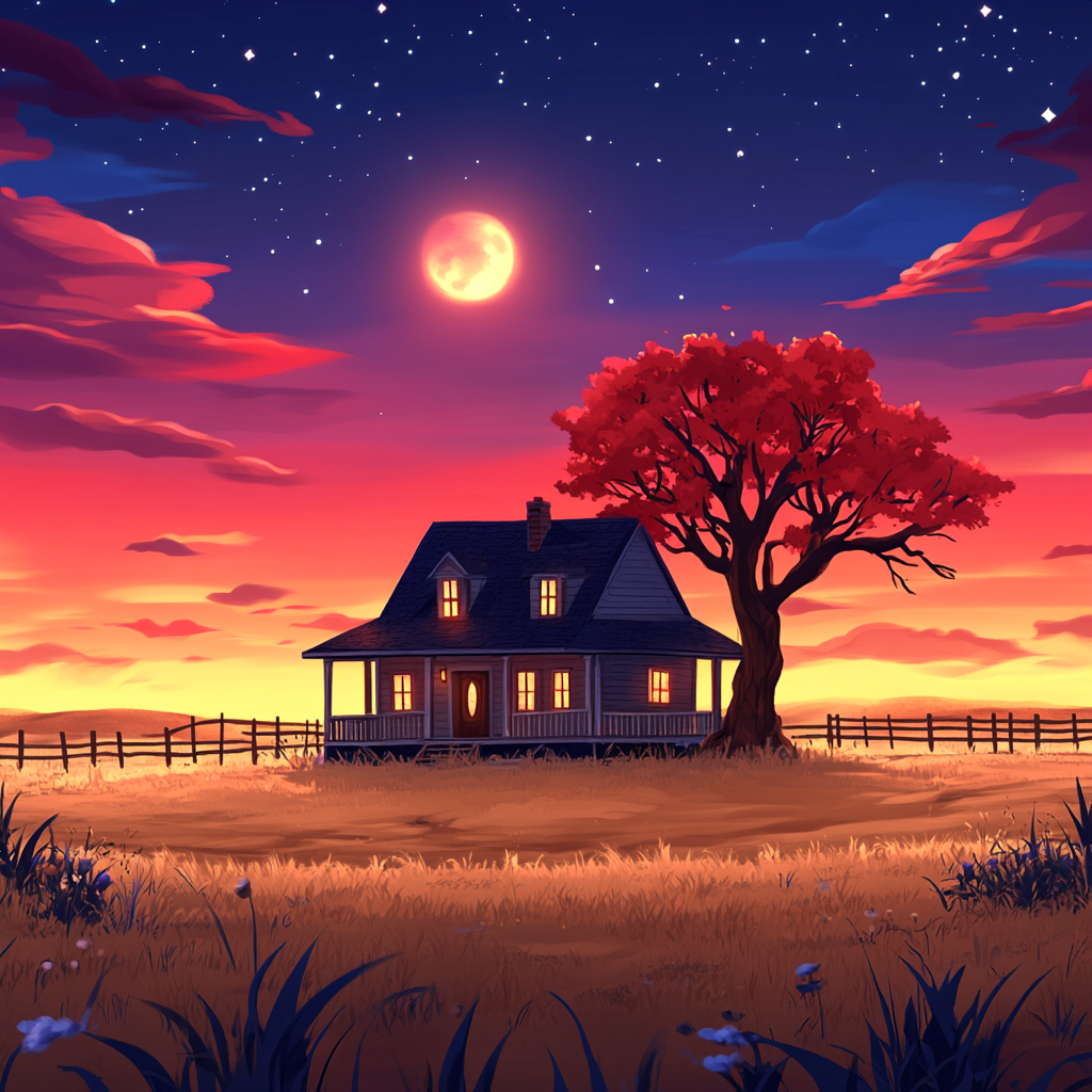 Afterglow, Sunset, Dusk, Astronomical object, Red sky at morning, Moon, House, Sunrise, Home, Evening, Cottage, Moonlight, Celestial event, Dawn, Hut, Full moon, Animation, Star, Farmhouse, Meteorological phenomenon