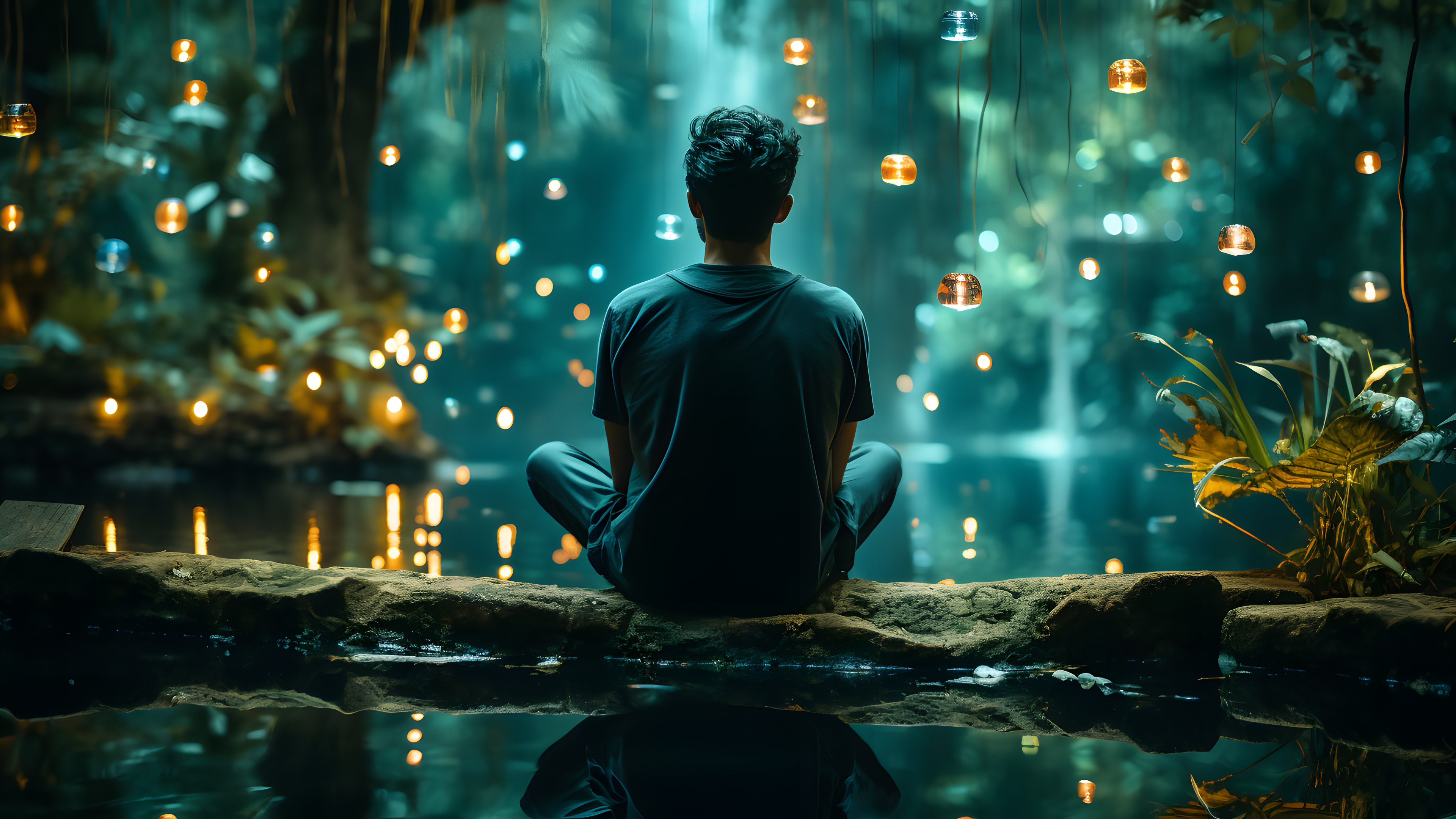 People in nature, Light, Human, Green, Flash photography, Happy, Adaptation, Fun, Art, Midnight, Space, Event, Technology, Darkness, Tree, Backlighting, Electric blue, T-shirt, Entertainment, Reflection