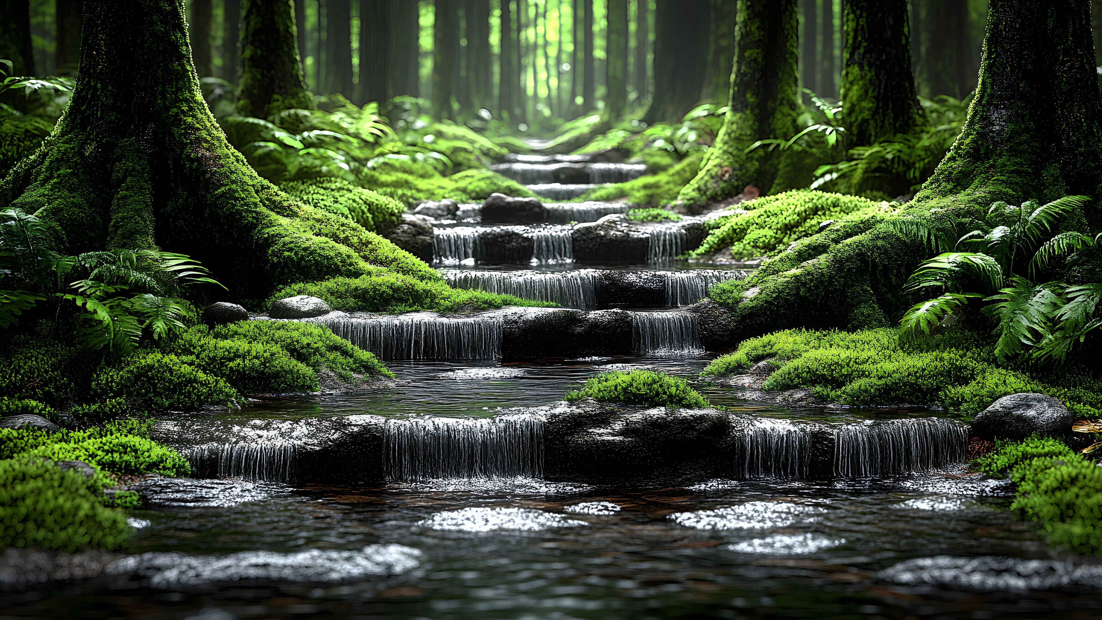 Green, Nature, Natural environment, Natural landscape, Vegetation, Stream, Watercourse, Forest, Waterfall, Landscape, Wilderness, Jungle, Rainforest, Bryophyte, Nature reserve, Old-growth forest, Fluvial landforms of streams, Woodland, Valdivian temperate rain forest, Moss