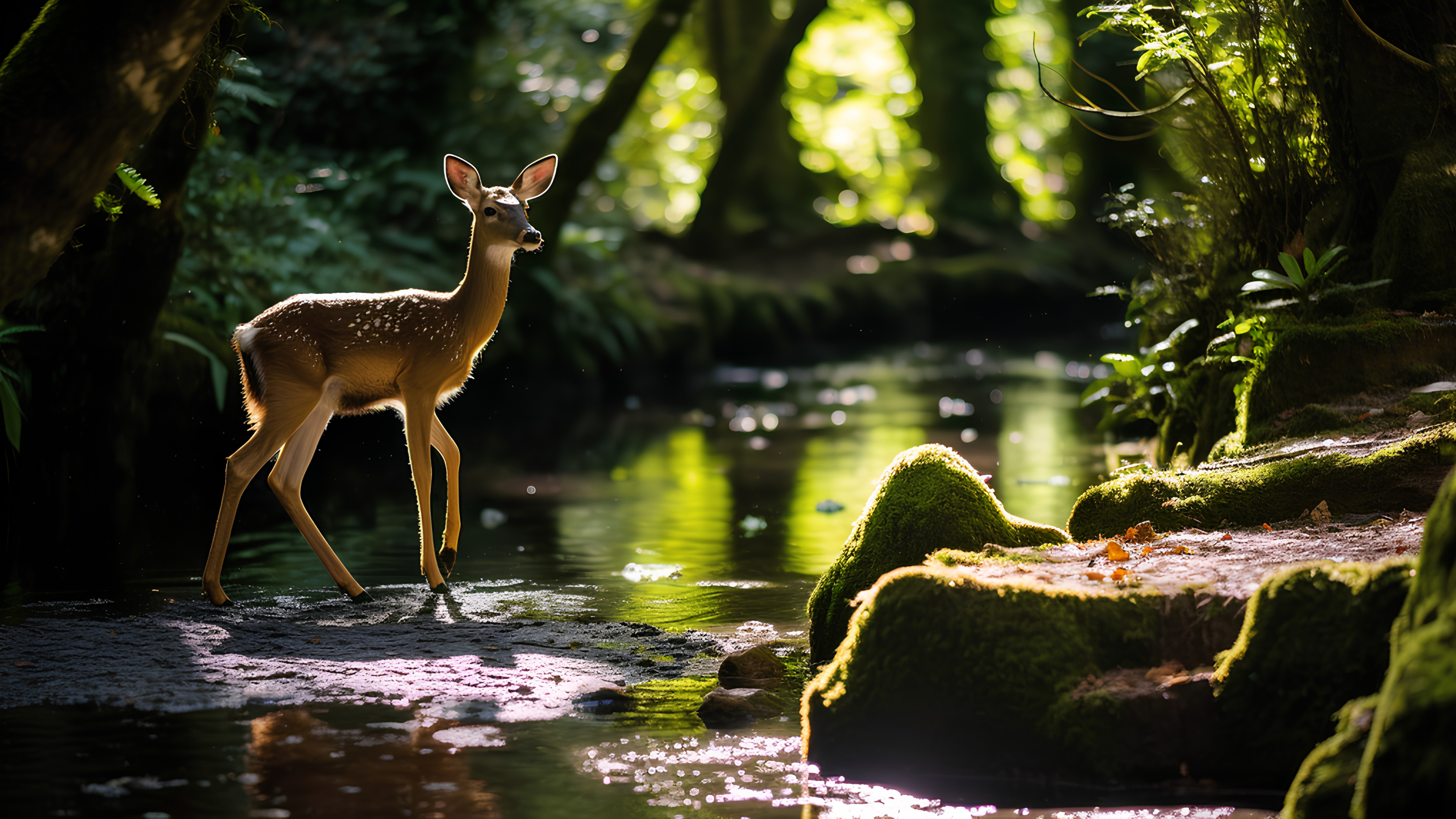 Water, Plant, Natural landscape, Deer, Grass, Vegetation, Sunlight, Biome, Fawn, Tree, Terrestrial animal, Terrestrial plant, Landscape, Lake, Forest, Tail, Beauty, White-tailed deer, Woodland, Trunk