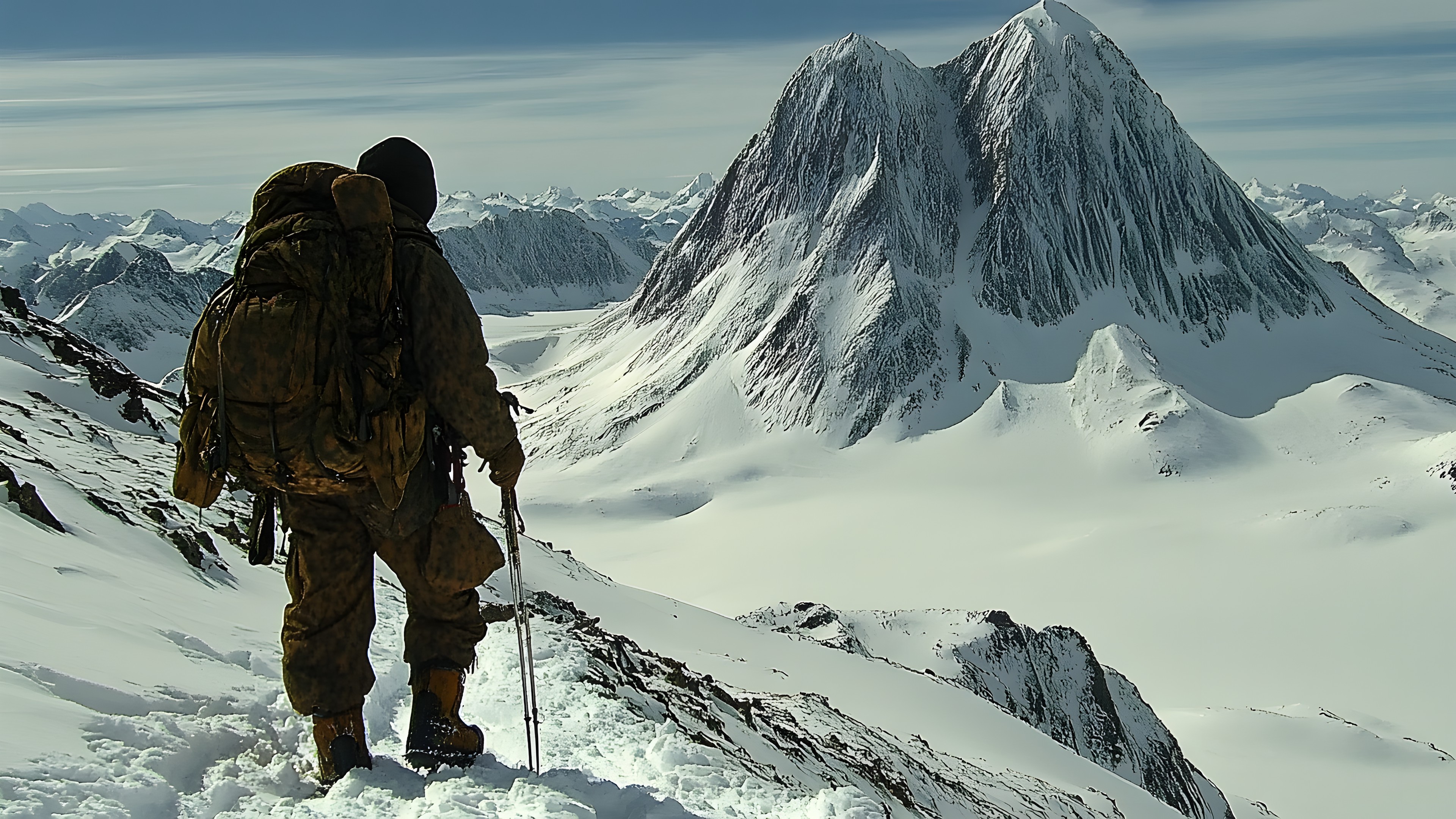 Mountainous landforms, Mountain, Snow, Winter, Adventure, Glacial landform, Mountaineer, Backpack, Mountain range, Summit, Ice cap, Recreation, Freezing, geological phenomenon, Ridge, Glacier, Mountaineering, Hiking, Alps, Nunatak