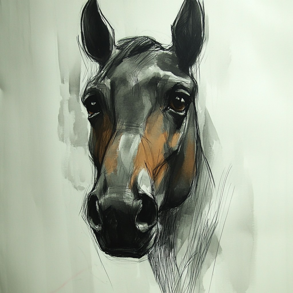 Horse, Visual arts, Mustang, Painting, Watercolor painting, Working animal, Art Paint, Snout, Paint, Pack animal, Mane, Stallion, Mare, Livestock, Modern art, Acrylic paint, Sorrel