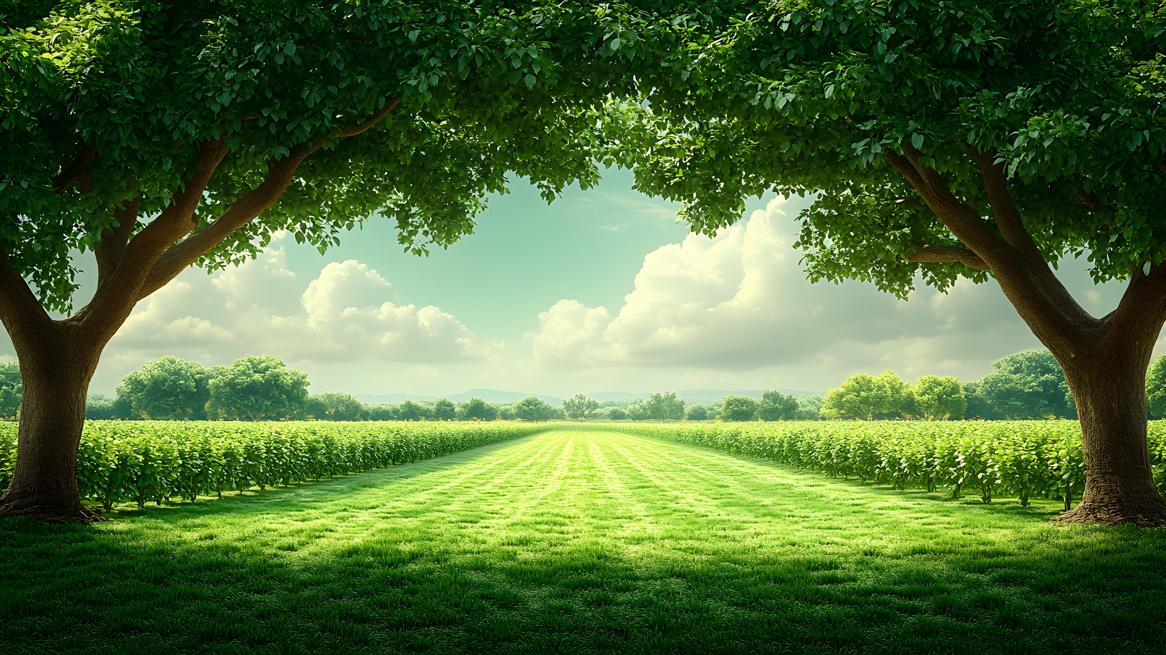 Green, Nature, Grass, Vegetation, Natural landscape, Agriculture, Field, Plantation, Grassland, Plain, Grasses, Rural area, Meadow, Sunlight, Woody plant, Crop, Farm, Pasture, Prairie, Paddy field