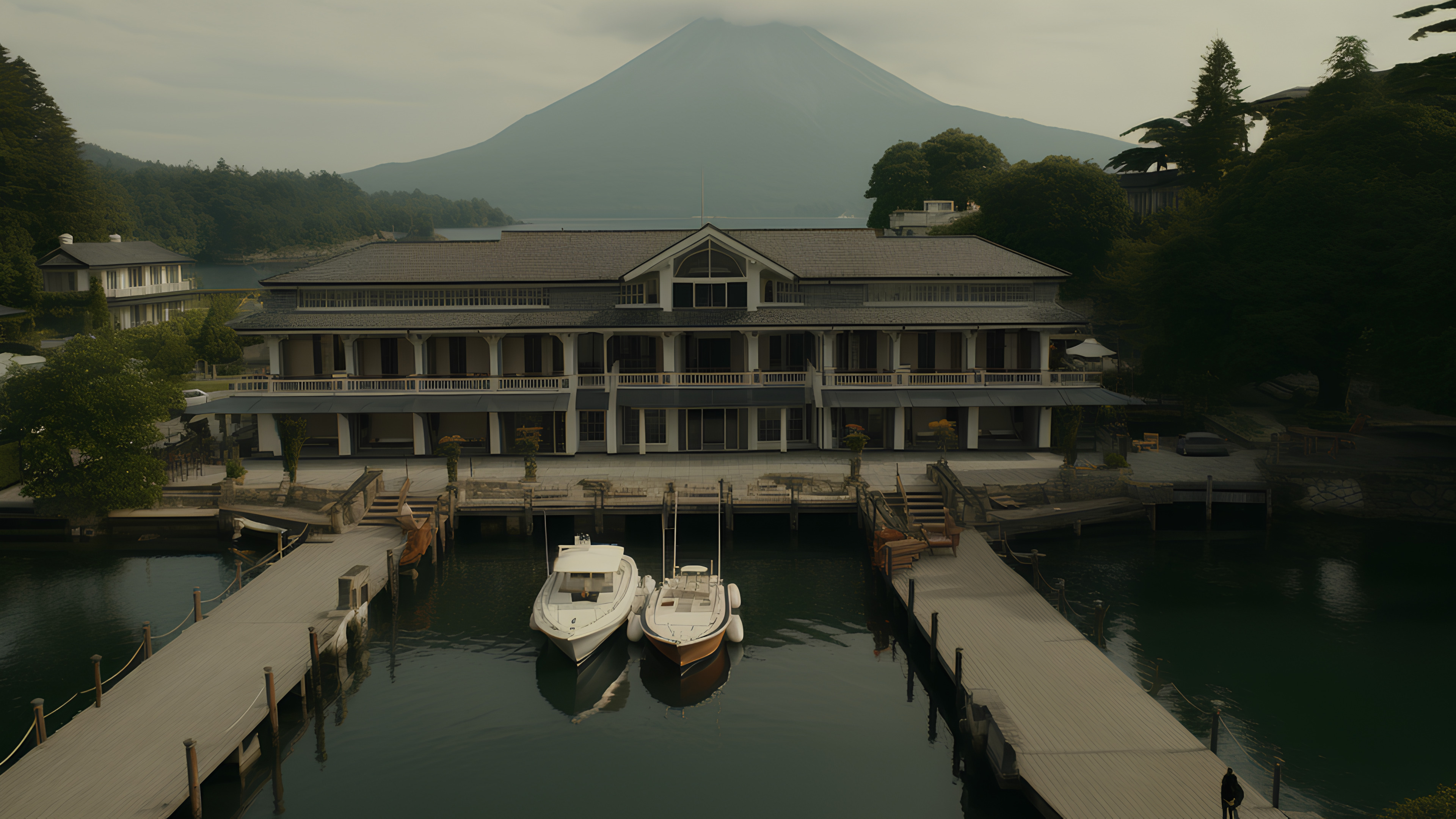 Water, Sky, Boat, Building, Watercraft, Tree, Atmospheric phenomenon, Morning, Window, Landscape, House, Mountain, Lake, Reflection, Facade, Ship, Leisure, City, Reservoir, Boats and boating--Equipment and supplies