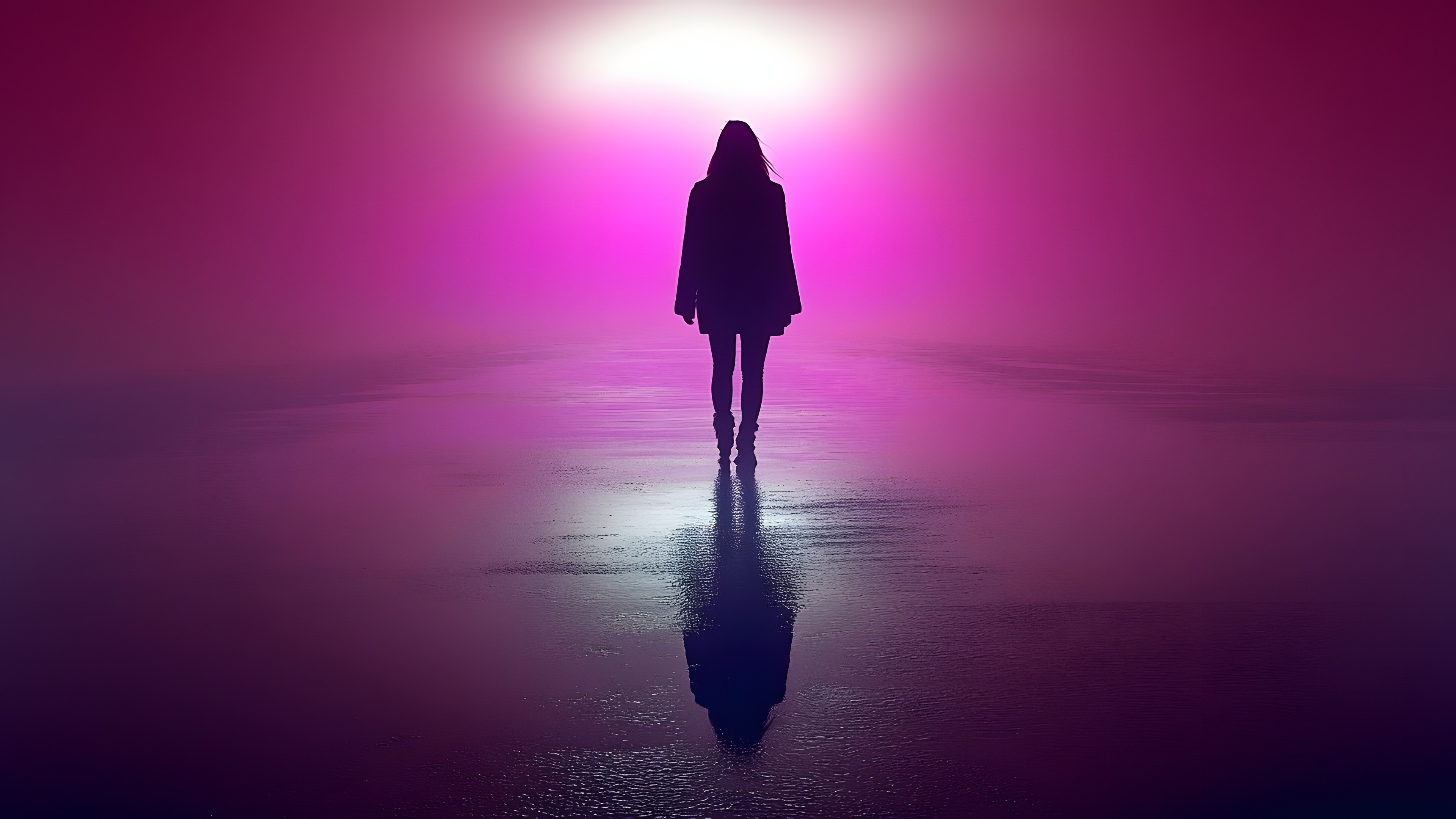 Silhouette, Purple, People in nature, Dusk, Backlighting, Evening, Lens flare, Sunrise, Reflection, Sunset, Mist, Walking, Afterglow, Shadow, Fog, Red sky at morning