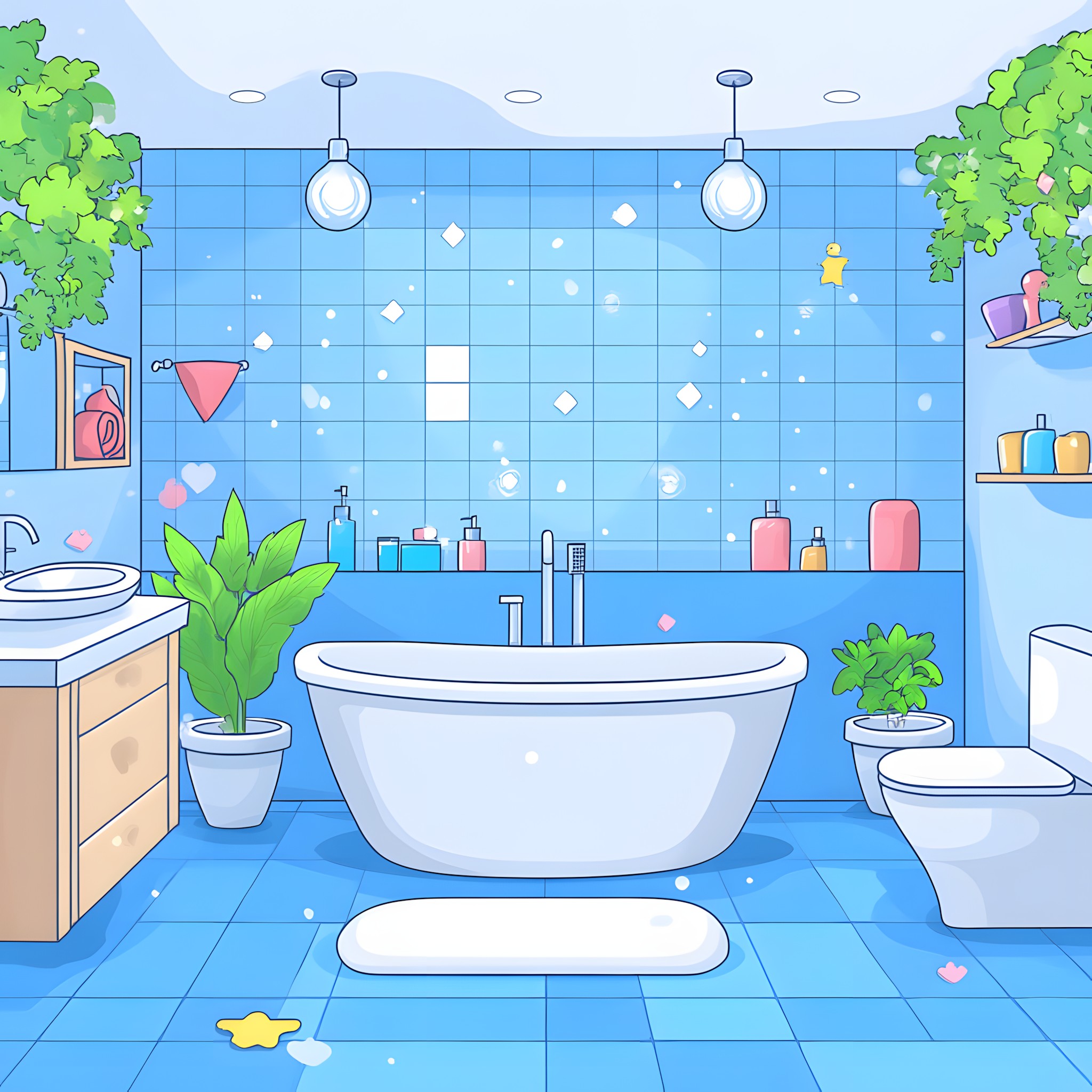 Blue, Plumbing fixture, Plumbing, Sink, Tap, Bathtub, Tile, Bathroom, Graphics, Cleanliness, Toilet