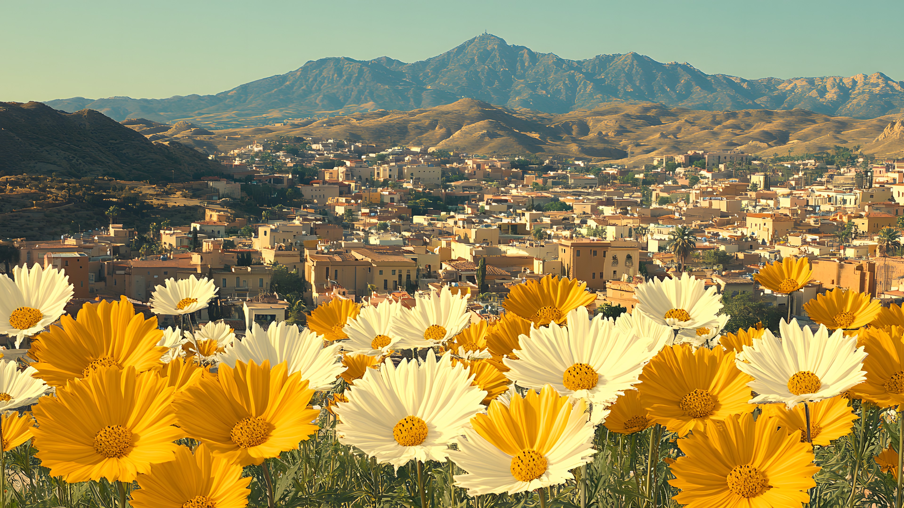 Flower, Yellow, Petal, Hill, Morning, Mountain range, Wildflower, Herbaceous plant, Ridge, Daisy family, Summit, Massif, Pollen, Sunflowers