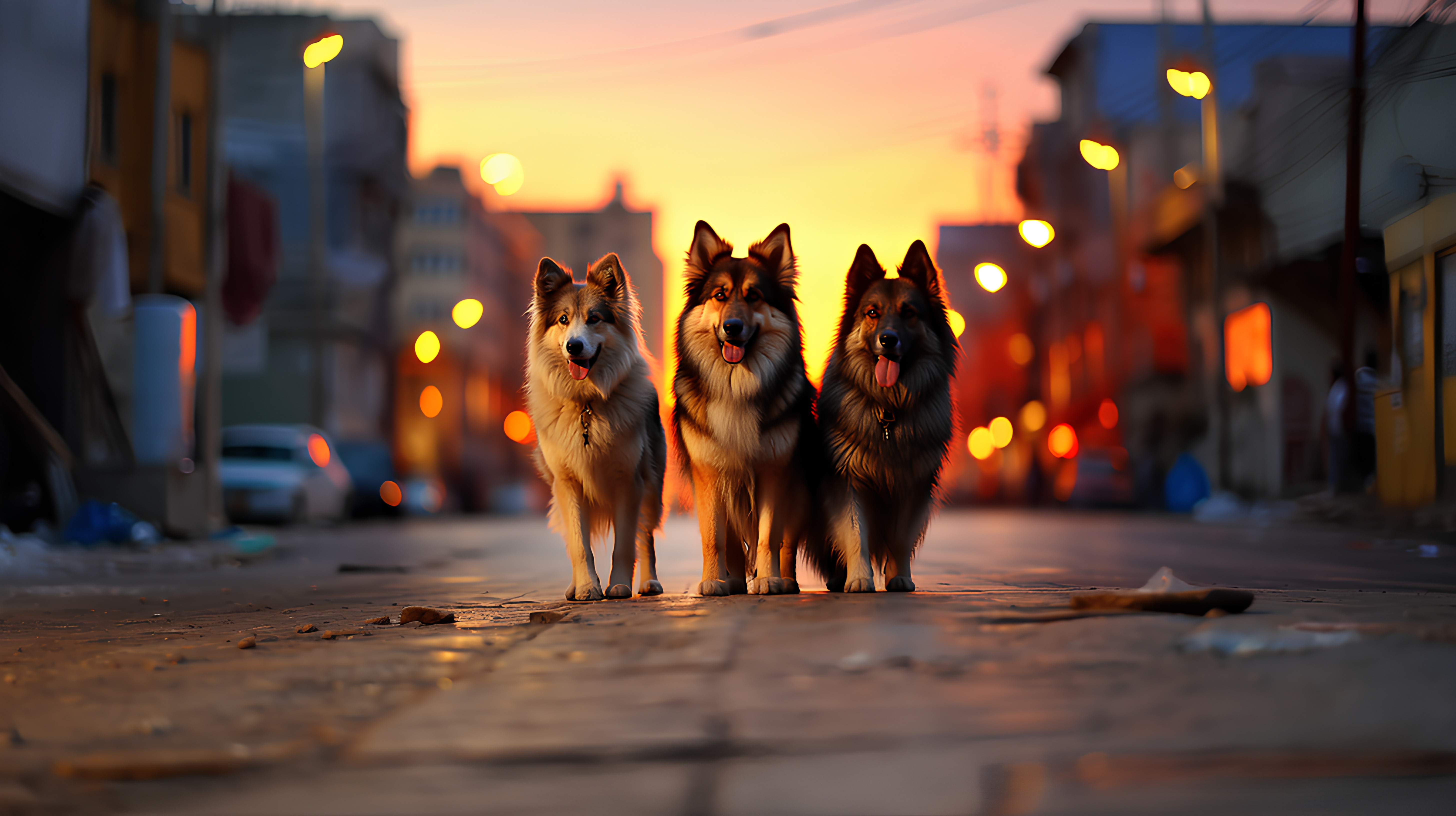 Sky, Dog, Atmosphere, Cloud, Light, Dog breed, Carnivore, Plant, Dusk, Sunlight, Orange, Road surface, Building, Flash photography, Tree, Morning, Sunset, Road, Companion dog, Snout