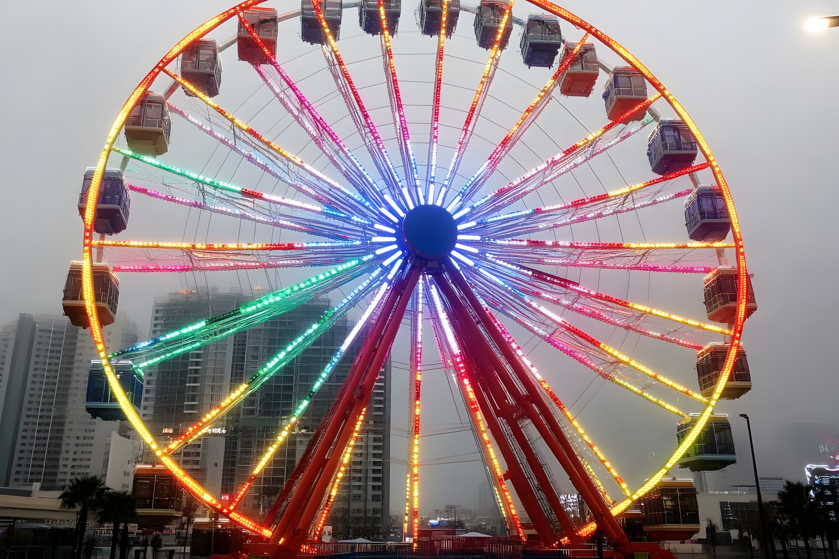 Blue, Ferris wheel, Amusement ride, Red, Yellow, Event, Recreation, Fair, Tourist attraction, Amusement park, Spoke, Night, Neon, Playground