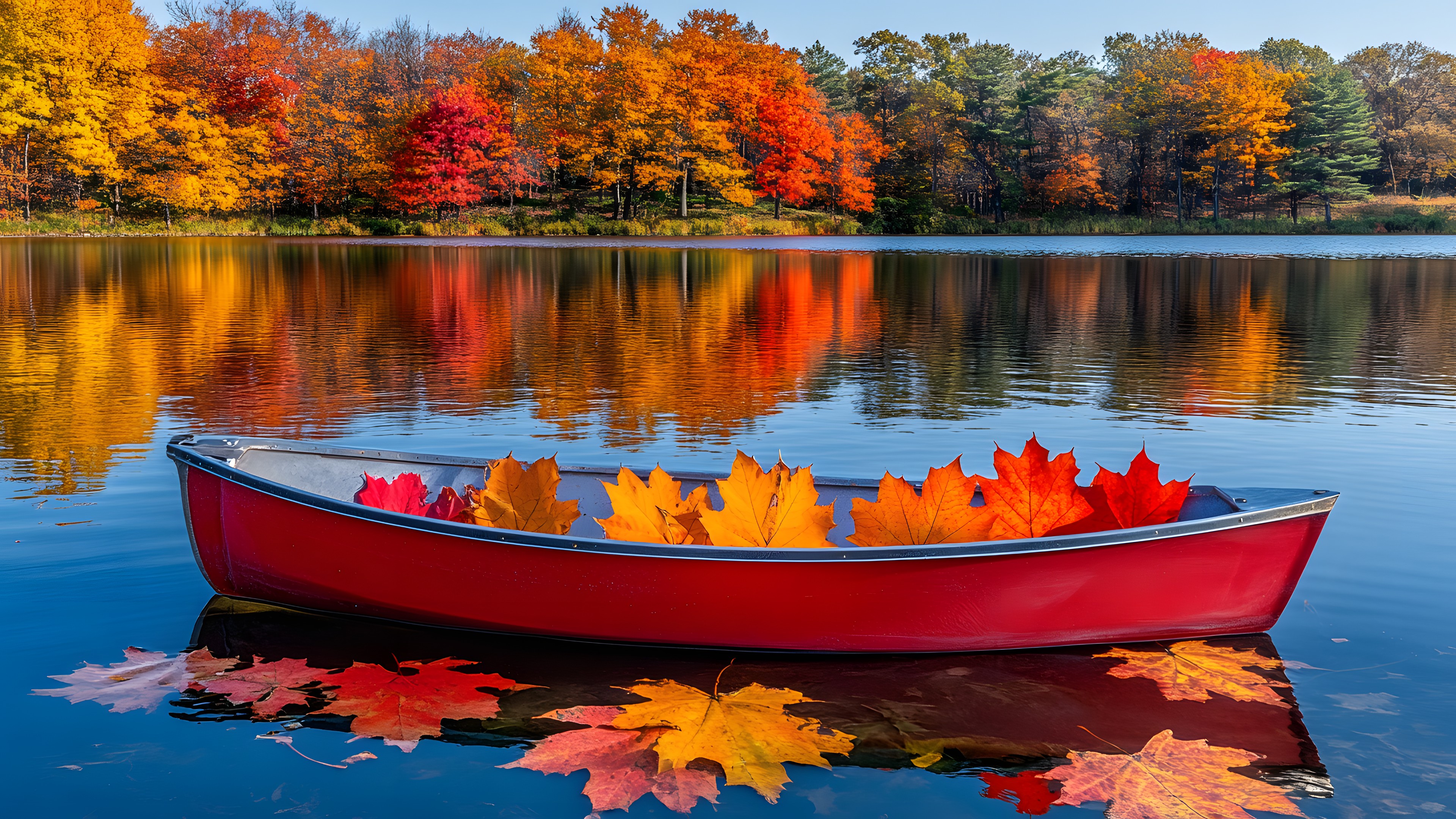 Water, Boat, Vehicle, Daytime, Watercraft, Flower, Boats and boating--Equipment and supplies, Nature, Leaf, Sky, Tree, Natural landscape, Lake, Body of water, Plant, Red, Morning, Landscape, Reflection, Calm