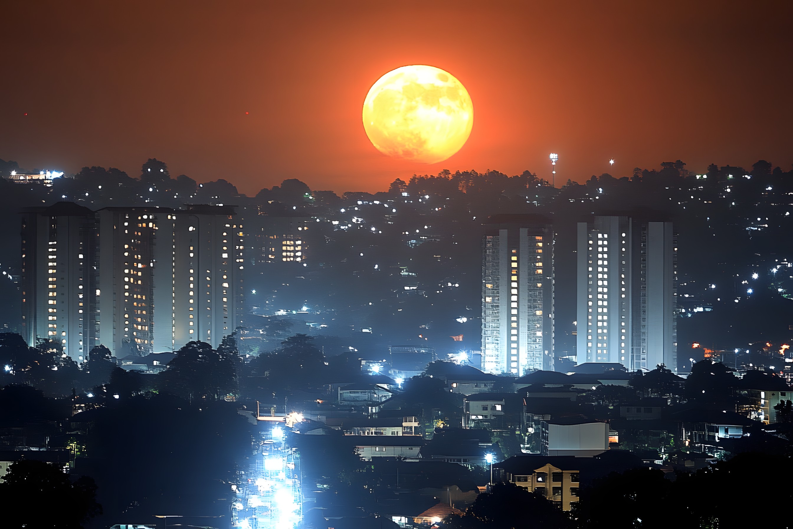 City, Urban area, Building, Metropolitan area, High-rise building, Skyscraper, atmospheric phenomenon, Night, Metropolis, Astronomical object, Condominium, Commercial building, Cityscape, Human settlement, Apartment, Midnight, Skyline, Moon, Tower, Evening