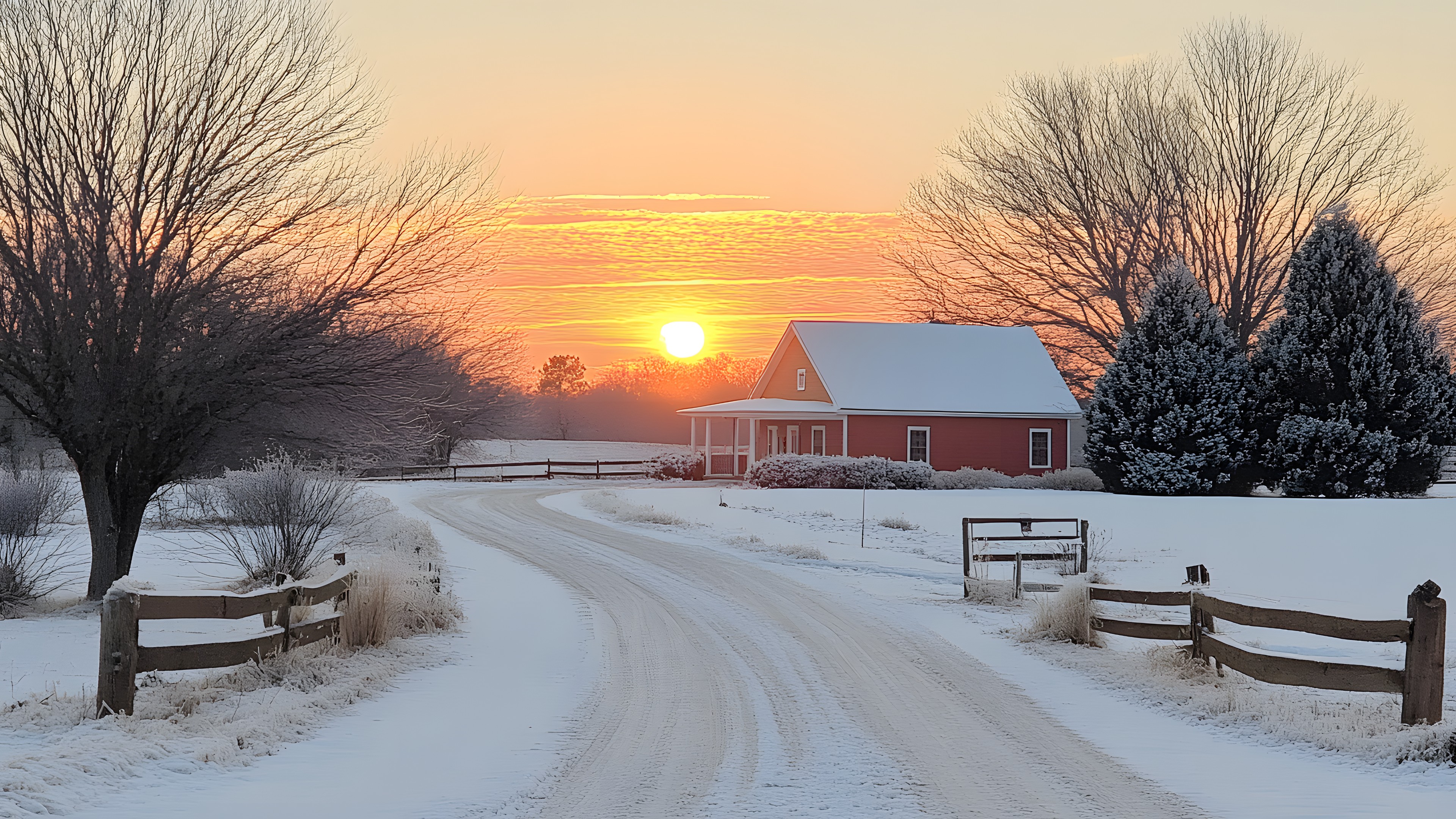 Winter, Snow, Branch, Landscape, Freezing, Twig, Sunrise, Home, Rural area, Dusk, Sunset, Cottage, Morning, Evening, Sunlight, Slope, Red sky at morning, Frost, Fence, Sun