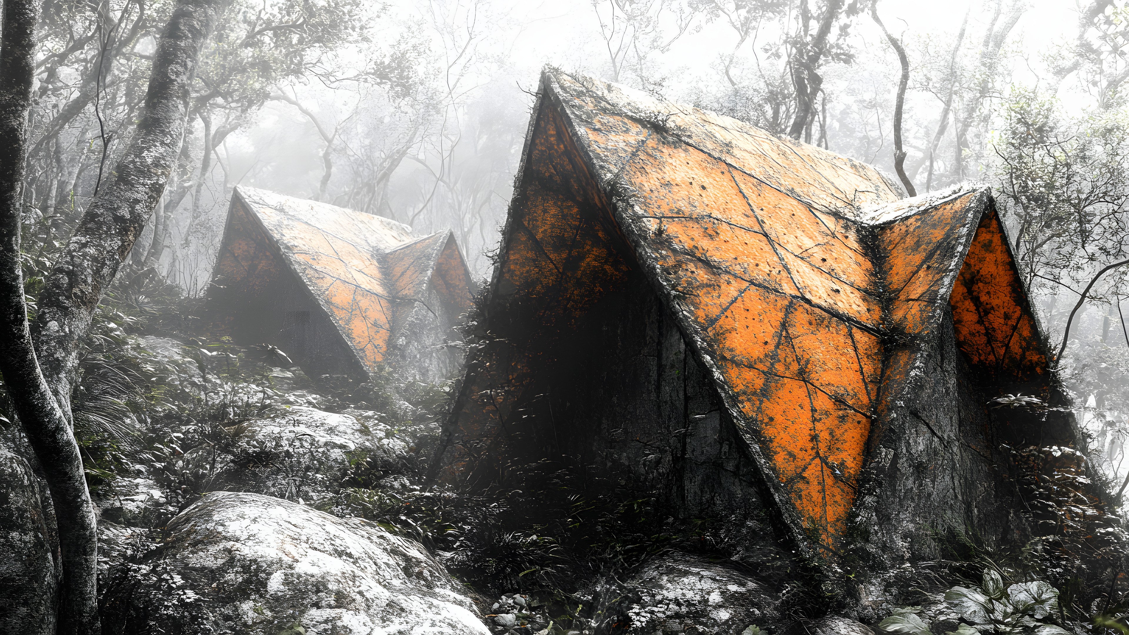 Triangle, Natural material, Tent, Camping, Old-growth forest