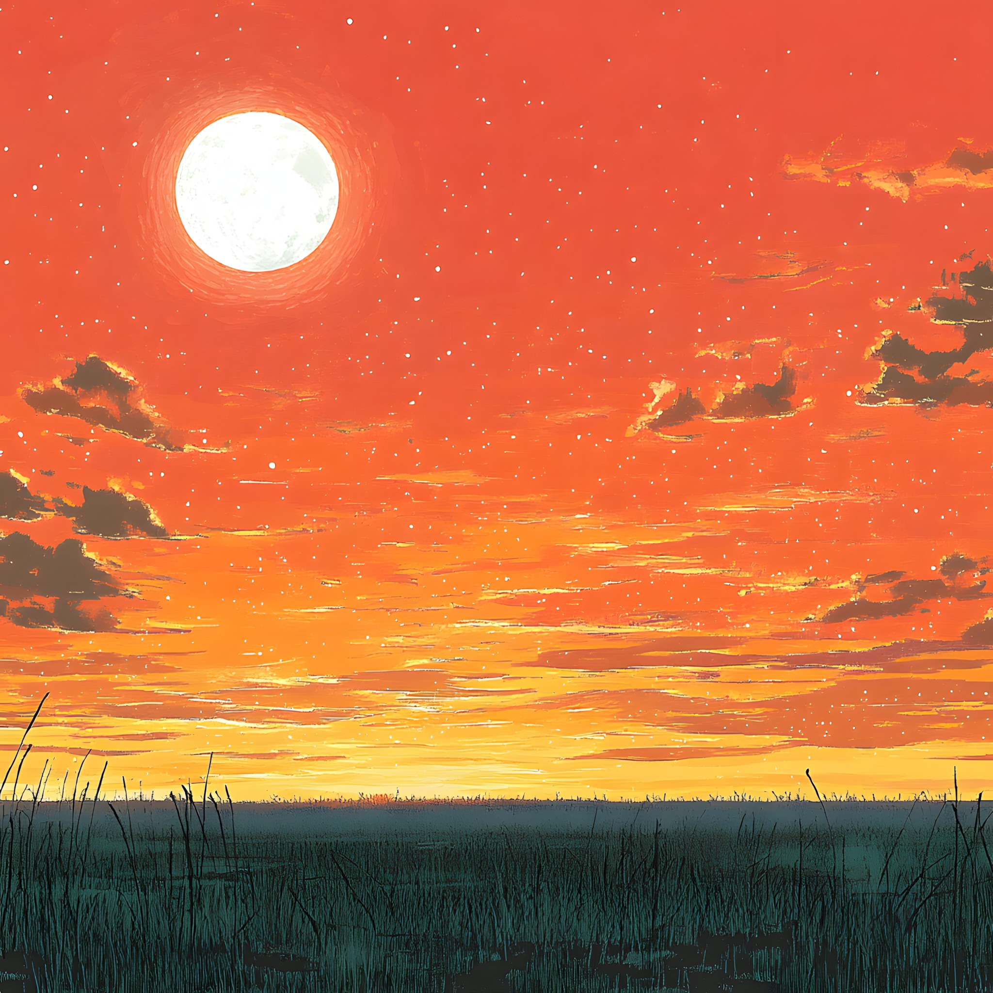 Astronomical object, Afterglow, Orange, Sunset, Sun, Sunrise, Red sky at morning, Dusk, Moon, Evening, Dawn, Celestial event, Paint, Acrylic paint, Savanna, Wetland, Art Paint, Watercolor painting, Modern art