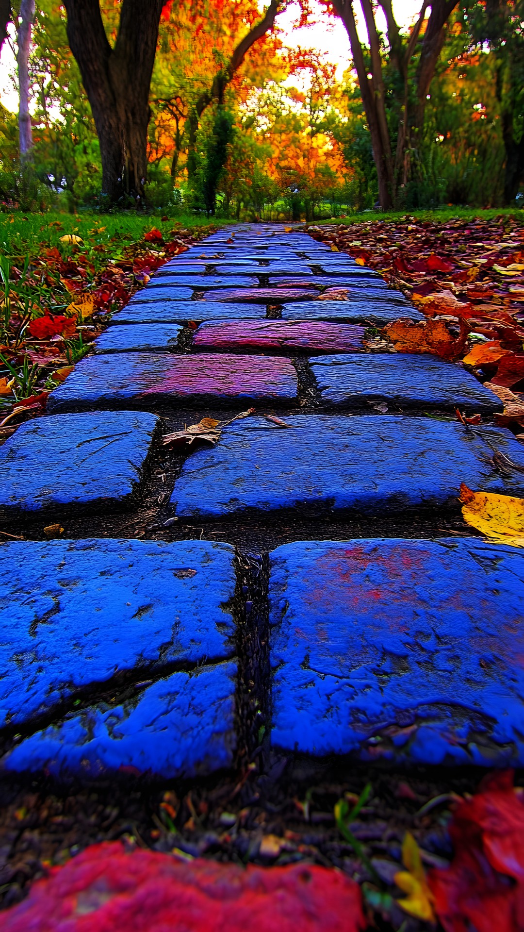 Blue, Red, Yellow, Orange, Cobblestone, Autumn, Sidewalk, Walkway, Shadow