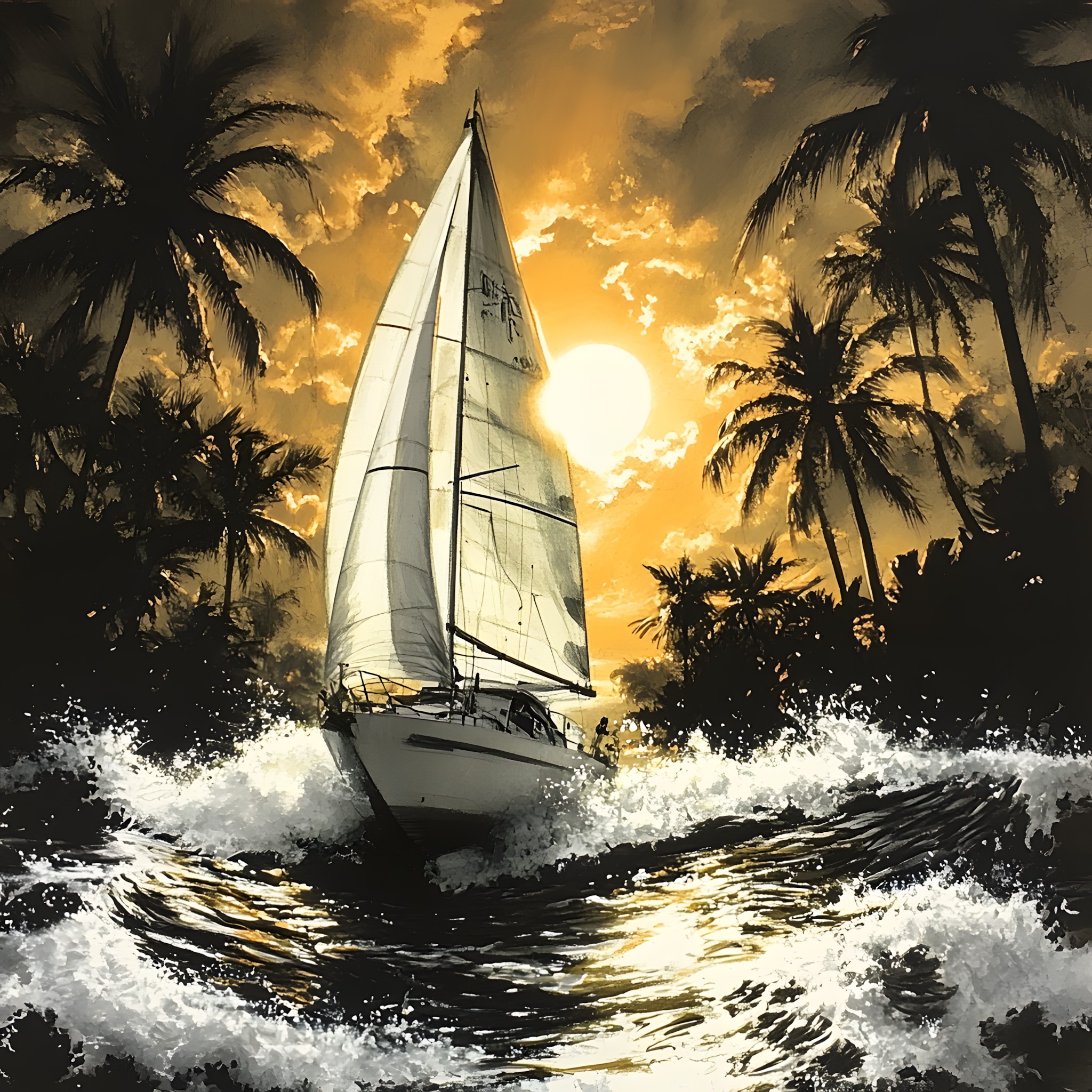 Boat, Sail, Watercraft, Sailboat, Mast, Sailing, Sailing, Sea, Ocean, Sailing ship, Ship, Naval architecture, Windsport, Wind, Boating, Wind wave, Palm trees, Yacht racing, Sloop, Boats and boating--Equipment and supplies