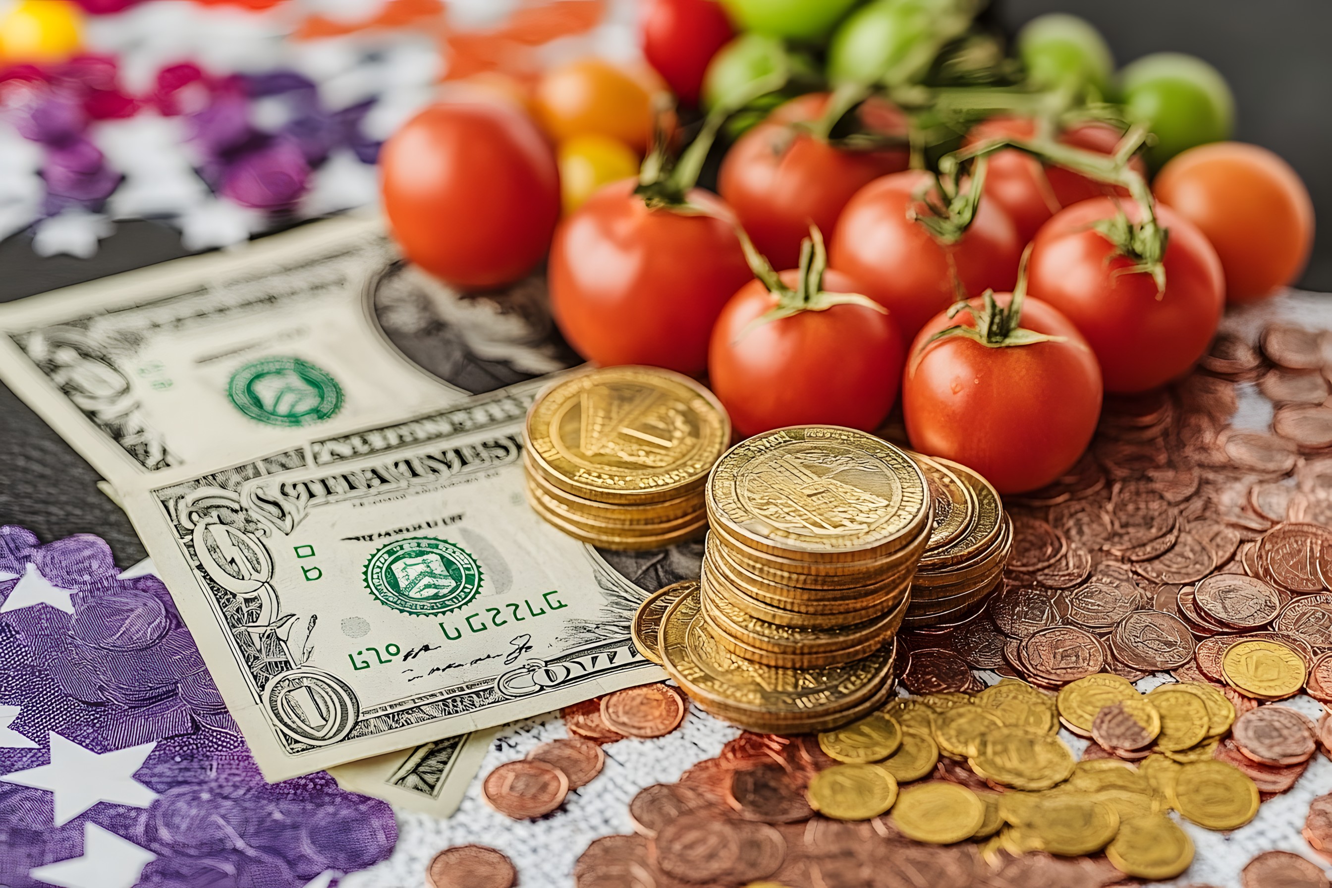 Currency, Money, Cash, Natural foods, Produce, Banknote, Money Handling, Vegetable, Food, Fruit, Saving, Tomato, Food group, Dollar, Coin, Bush tomato, Nightshade, Stock photography, Staple food, Superfood